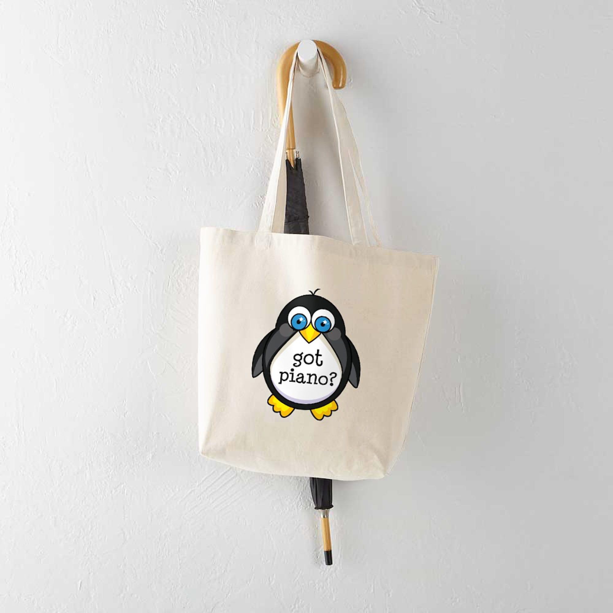 Piano Music Penguin Tote Bag - Natural Canvas Reusable Shopping Bag for Music Lovers & Grocery Shopping