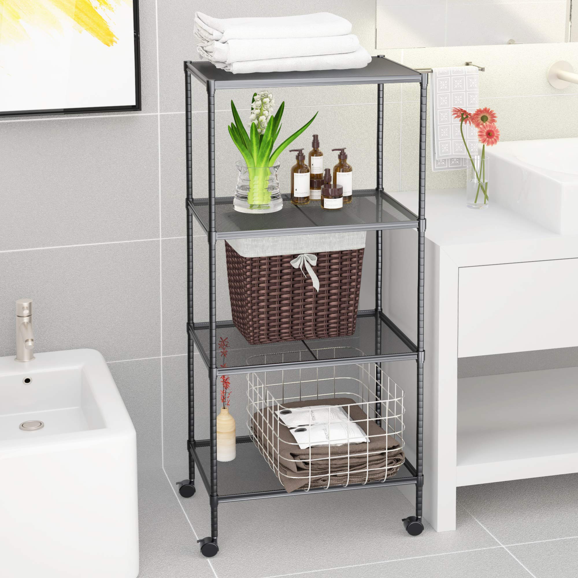 OVICAR 4-Tier Heavy Duty Wire Storage Shelves - Adjustable Metal Shelving Unit with Locking Wheels - Steel Garage Shelf Organizer for Kitchen, Pantry, Laundry, Closet & Tool Storage - Perfect for Home Organization & Commercial Use (Black)