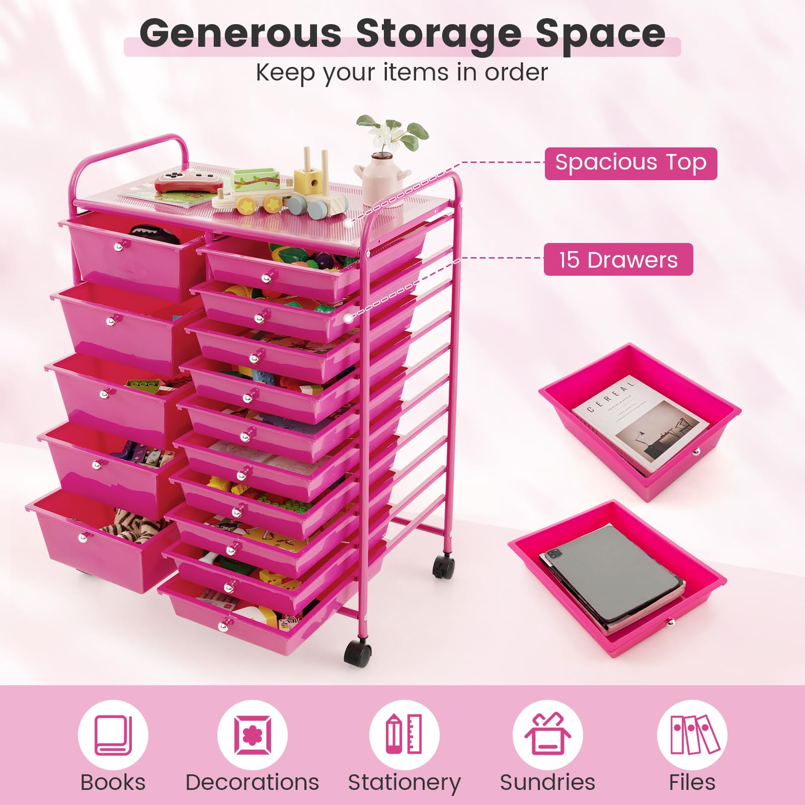 15-Drawer Rolling Storage Cart with Lockable Wheels - Multipurpose Craft Organizer for Tools, Arts, Scrapbooking, Papers - Perfect for Home, Office & School Use (Hot Pink) - Ideal for Craft Rooms, Classrooms & Workspaces
