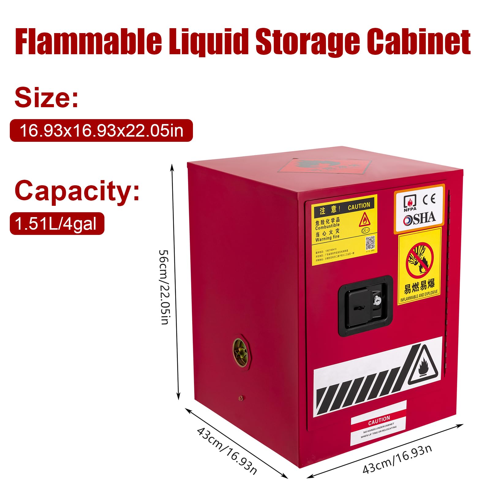 4 Gallon Fireproof Explosion-Proof Safety Storage Cabinet - 16.93x16.93x22.05 Inches Hazardous Chemical & Gasoline Storage - Heavy Duty Commercial & Industrial Use (Red) - Perfect for Workshops, Laboratories, and Automotive Garages