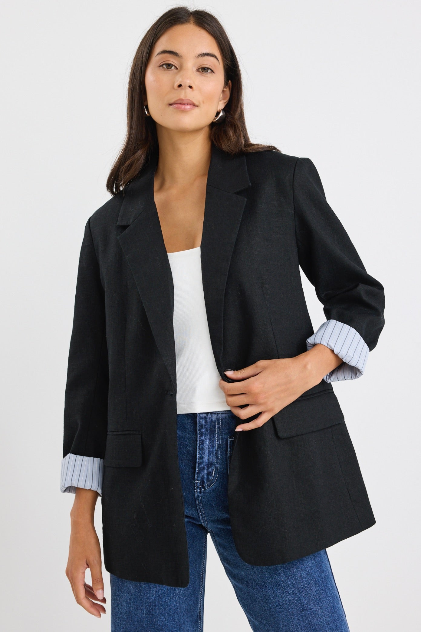 Stylish Black Ramie Rolled Sleeve Blazer for Women - Lightweight Summer Office Jacket - Perfect for Business Casual, Workwear & Formal Occasions