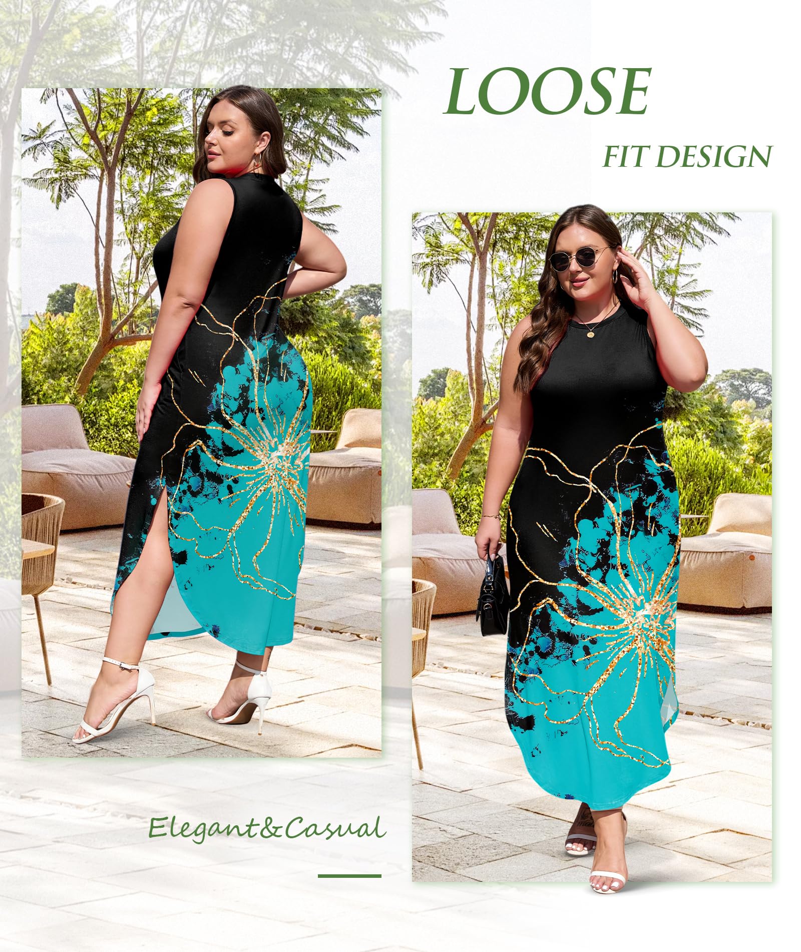 Wolddress Women's 2025 Plus Size Sleeveless Tank Dress - Casual Loose Flowy Sundress with Side Slits & Pockets - Summer Beach Maxi Dress for Vacation, Pool Party & Outdoor Activities