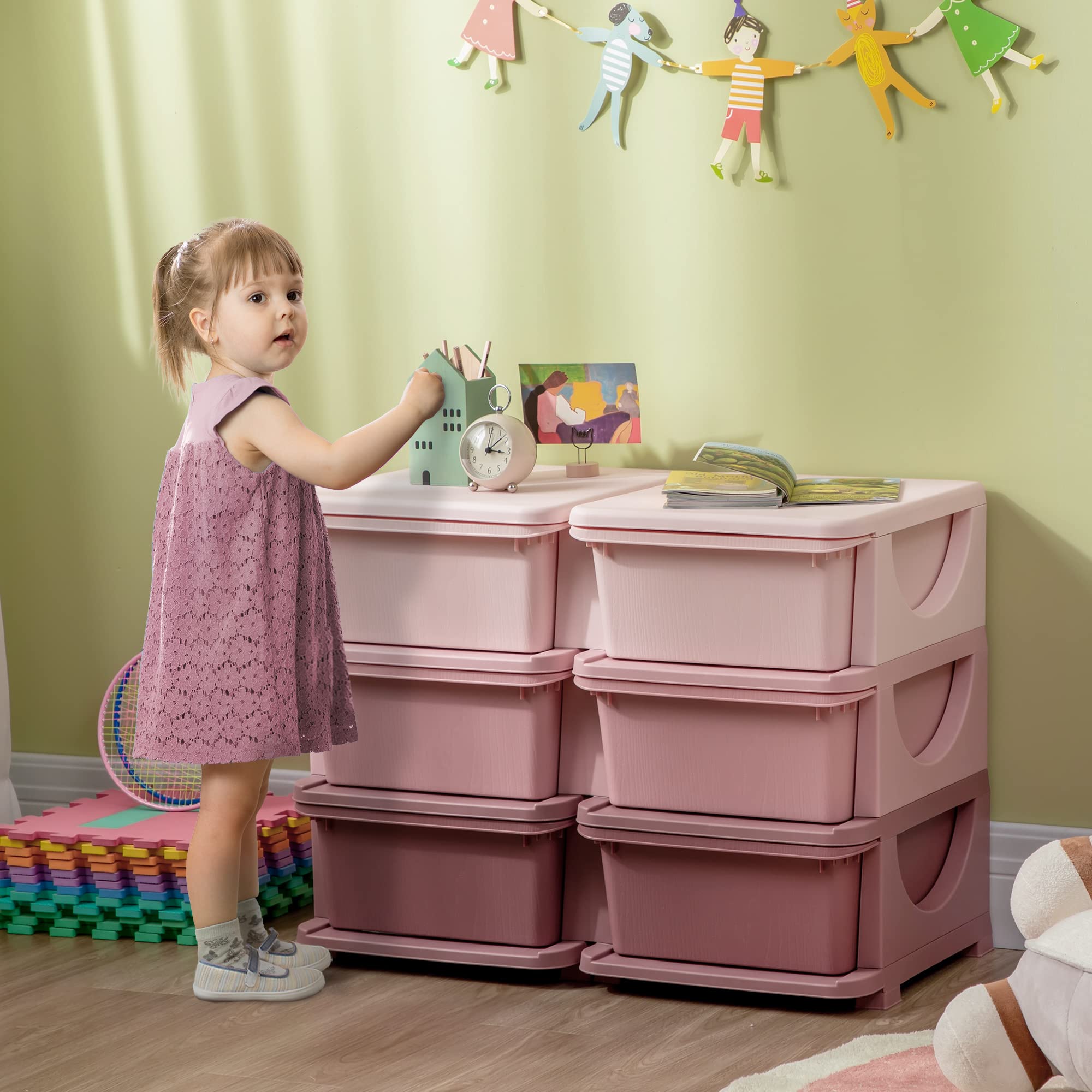 Qaba 3-Tier Kids Storage Unit with 6 Drawers - Toy Organizer with Plastic Bins for Boys & Girls - Nursery, Bedroom, Kindergarten & Living Room Storage Solution - Perfect for Toys, Books & Clothes (Pink)
