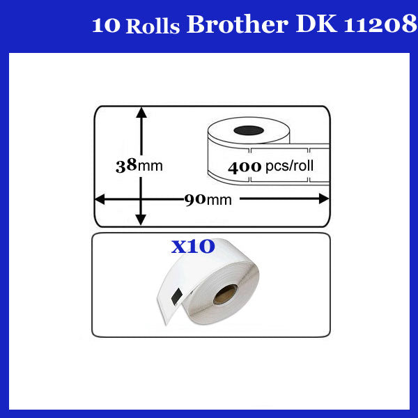Brother DK11208 Thermal Labels 10 Rolls - 38x90mm Large Address Labels for Shipping, Mailing & Packaging | Compatible with Brother Label Printers