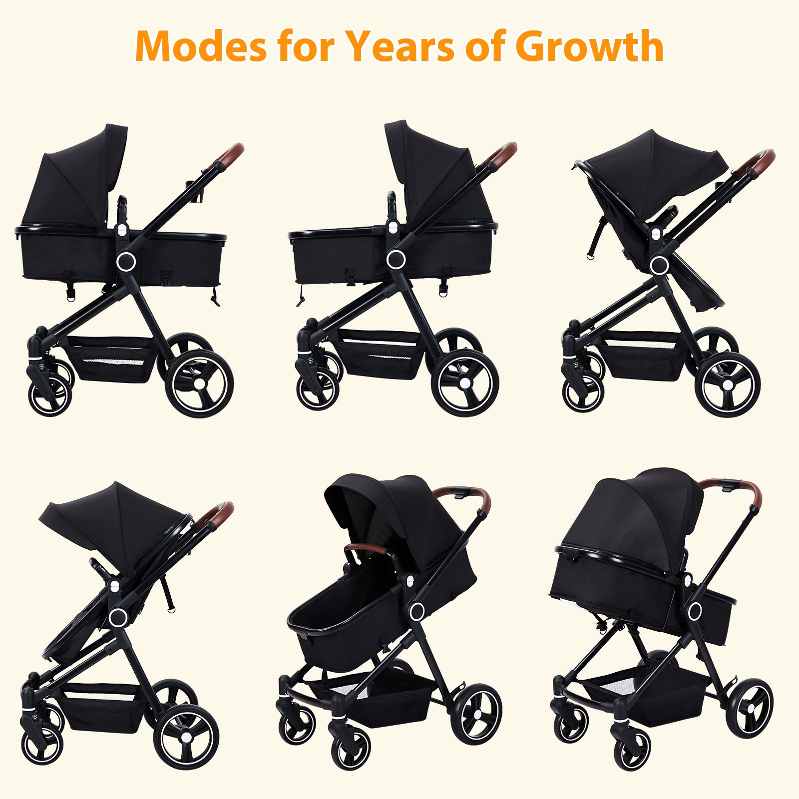 GARVEE 2-in-1 Baby Stroller with Reversible Bassinet | Adjustable Backrest & Canopy | Foldable Lightweight Aluminum Alloy Frame | Shock-Absorbing Wheels for Newborns & Infants (Black) - Perfect for Park Walks, Shopping Trips & Travel