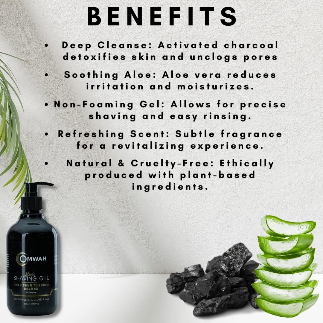 Natural Charcoal & Aloe Vera Shaving Gel for Men - Deep Cleansing & Soothing Formula for Smooth Shave - Perfect for Sensitive Skin & Daily Grooming Routine
