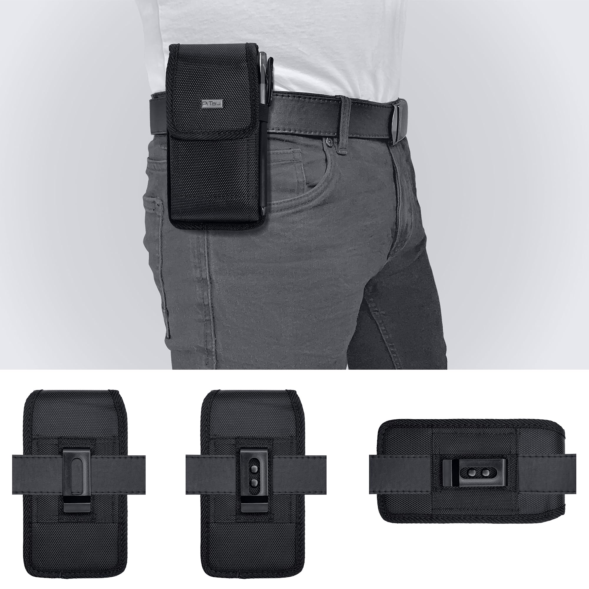 PiTau Universal Phone Holster for iPhone 15/14/13/12/11 Pro Max & Galaxy S23+/S22+/S21+/S20+ & A54/A53/A52/A51 - Durable Belt Clip Pouch Case for Smartphones - Perfect for Work, Hiking, Running & Outdoor Activities