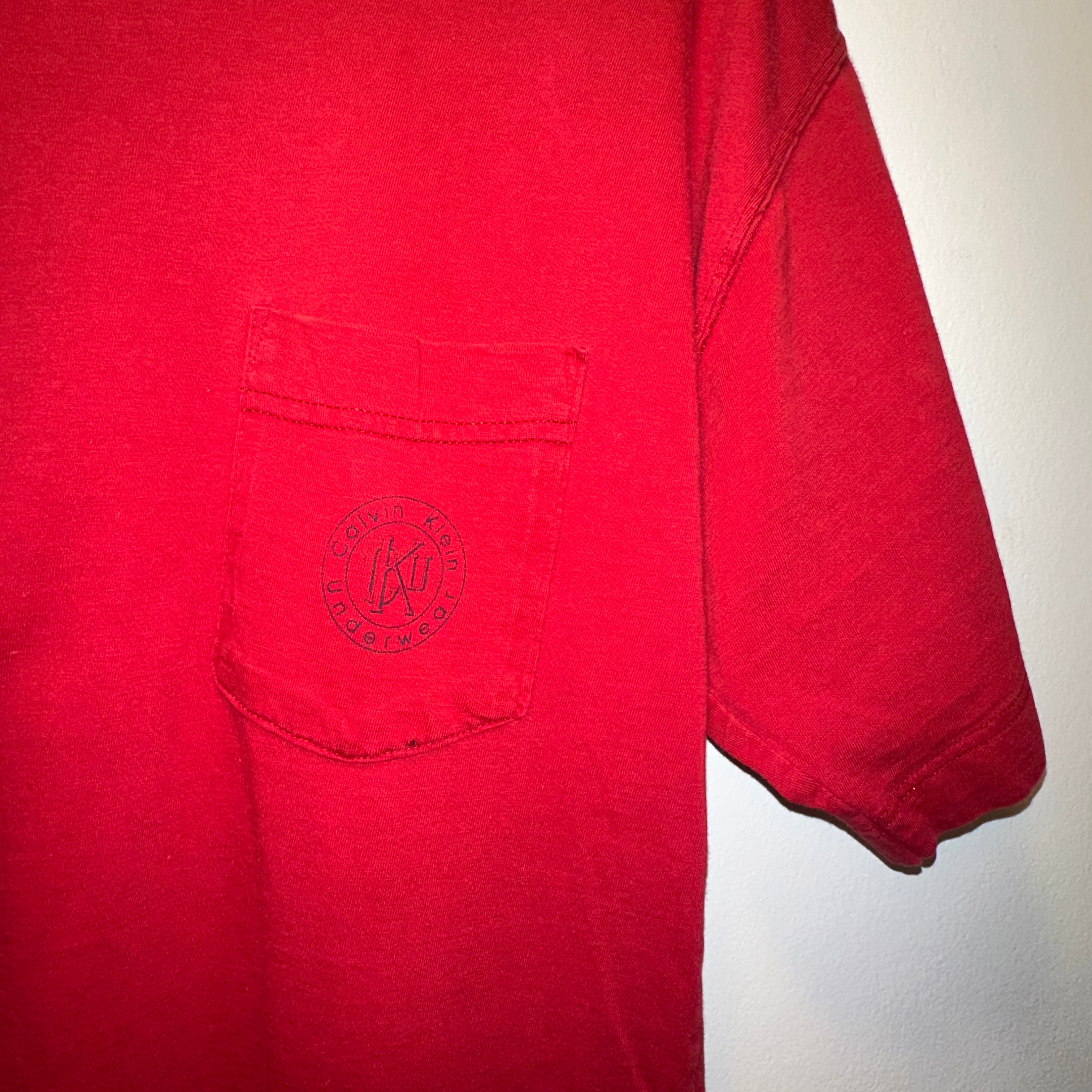 Calvin Klein Men's Red Pocket T-Shirt - Soft Cotton Crew Neck Tee for Casual Wear & Everyday Outfits | Size Large