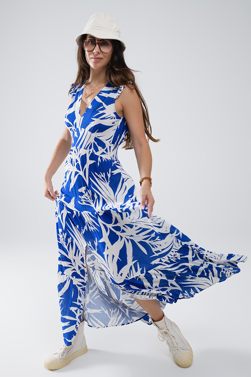 Women's Long V-Neck Tropical Print Blue Robe with Side Slit - Perfect for Spa, Lounging & Beach Cover-Up