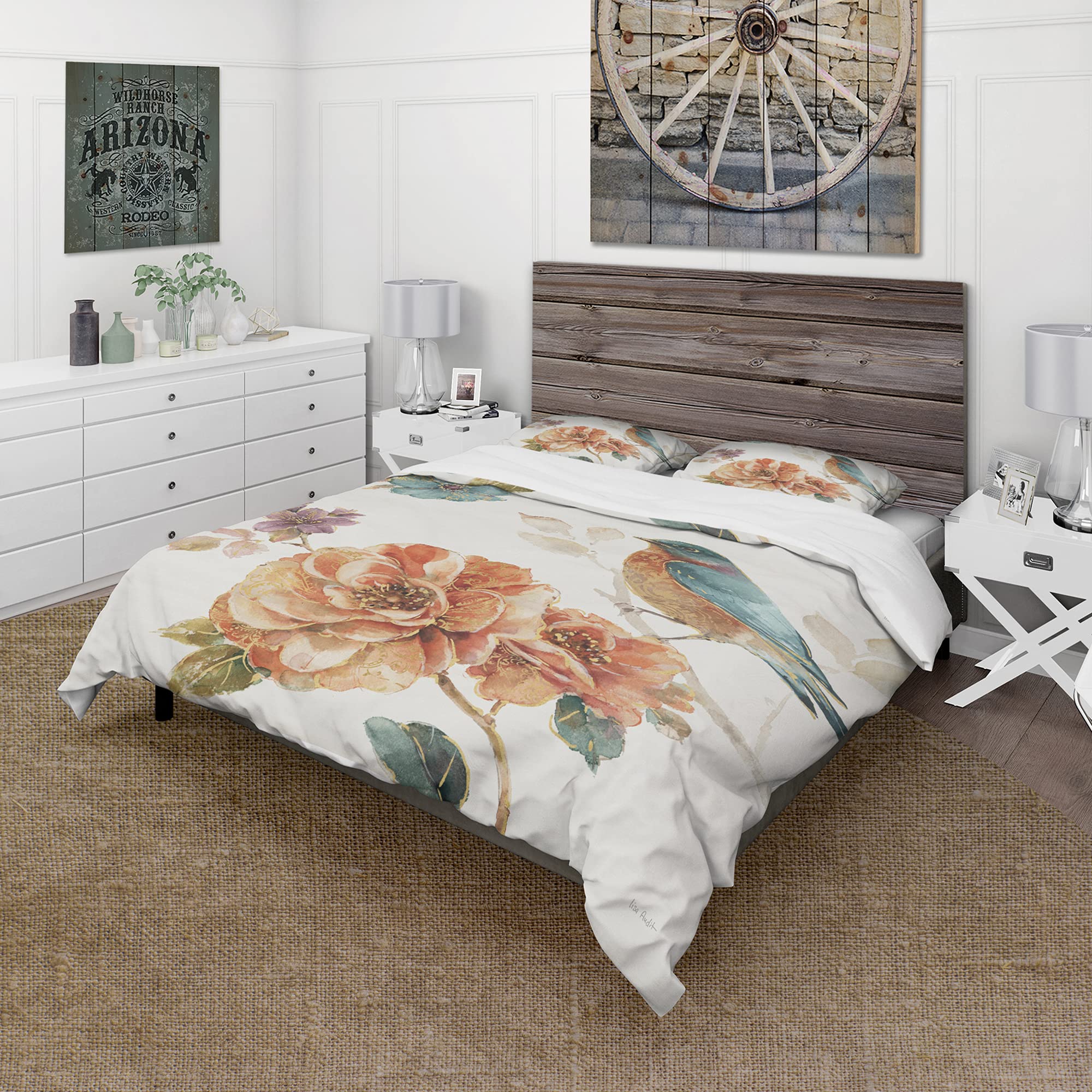 DesignQ Cottage Bird on Orange Flower Twig Farmhouse Duvet Cover Set - Queen Size 3-Piece Multi-Color Animal Print Bedding Set for All Seasons | Perfect for Farmhouse, Cottage, or Boho Chic Bedroom Decor