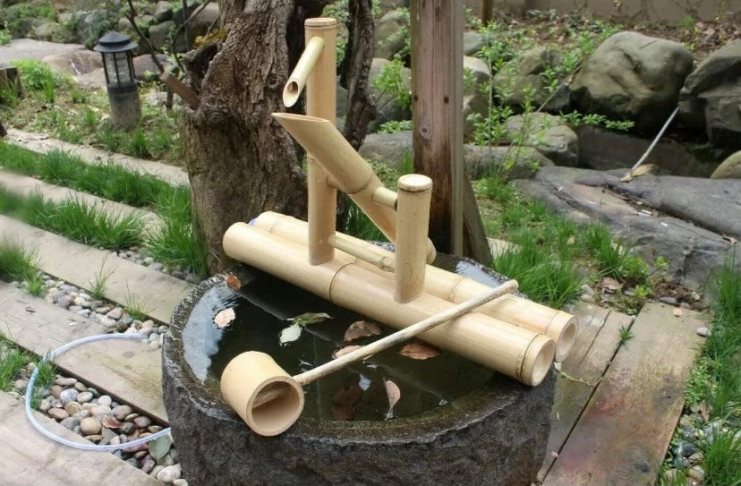 Bamboo Water Feature Fountain with Rocking Pump & Water Wheel - Modern Outdoor Garden Decoration for Patio, Yard, and Zen Relaxation Spaces