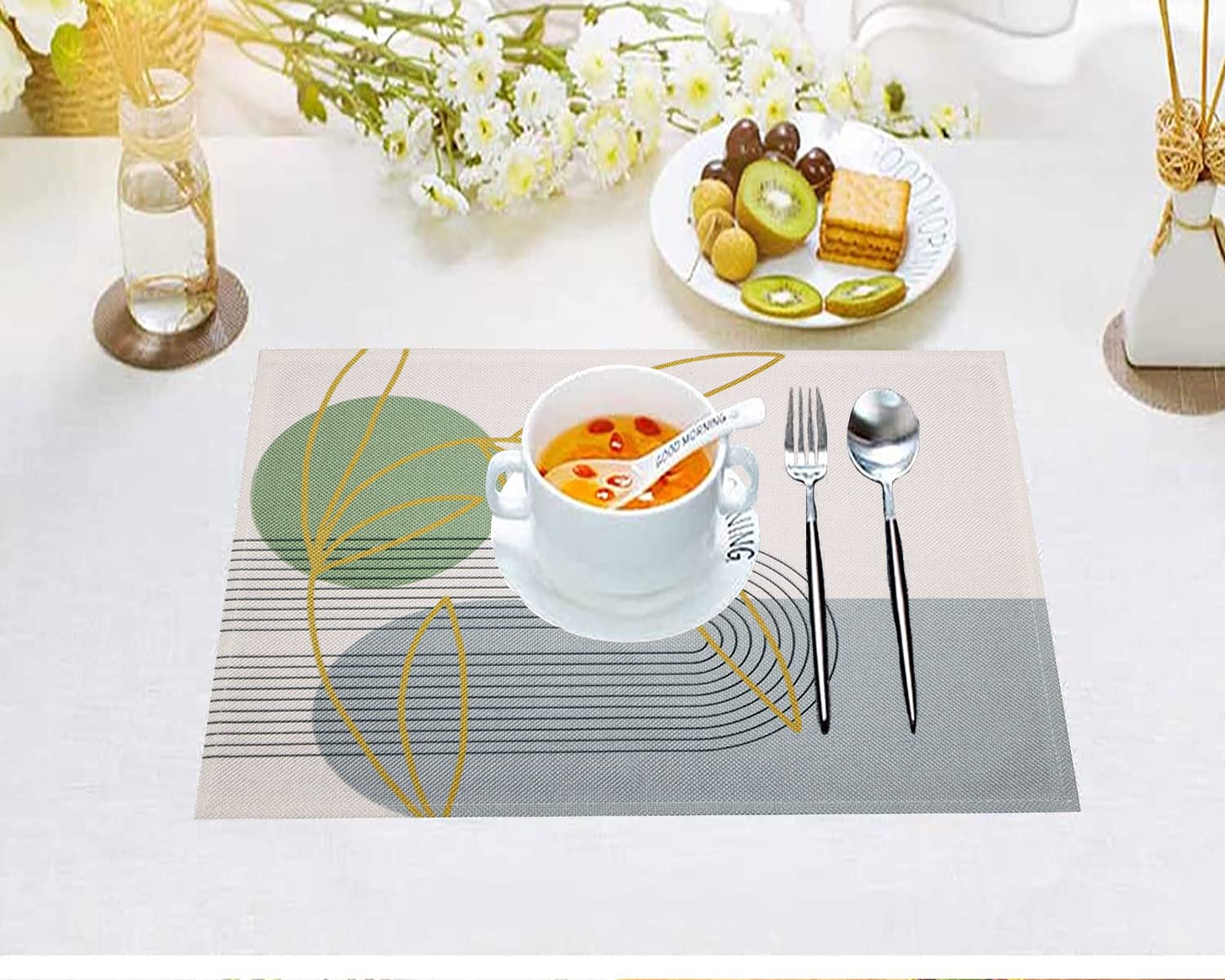 Mid Century Modern Linen Table Placemats Set of 8 - Heat Resistant & Machine Washable Kitchen Dining Mats (18x12 Inch) - Neutral Wipeable Fabric for Dinner Parties, Family Meals & Everyday Use