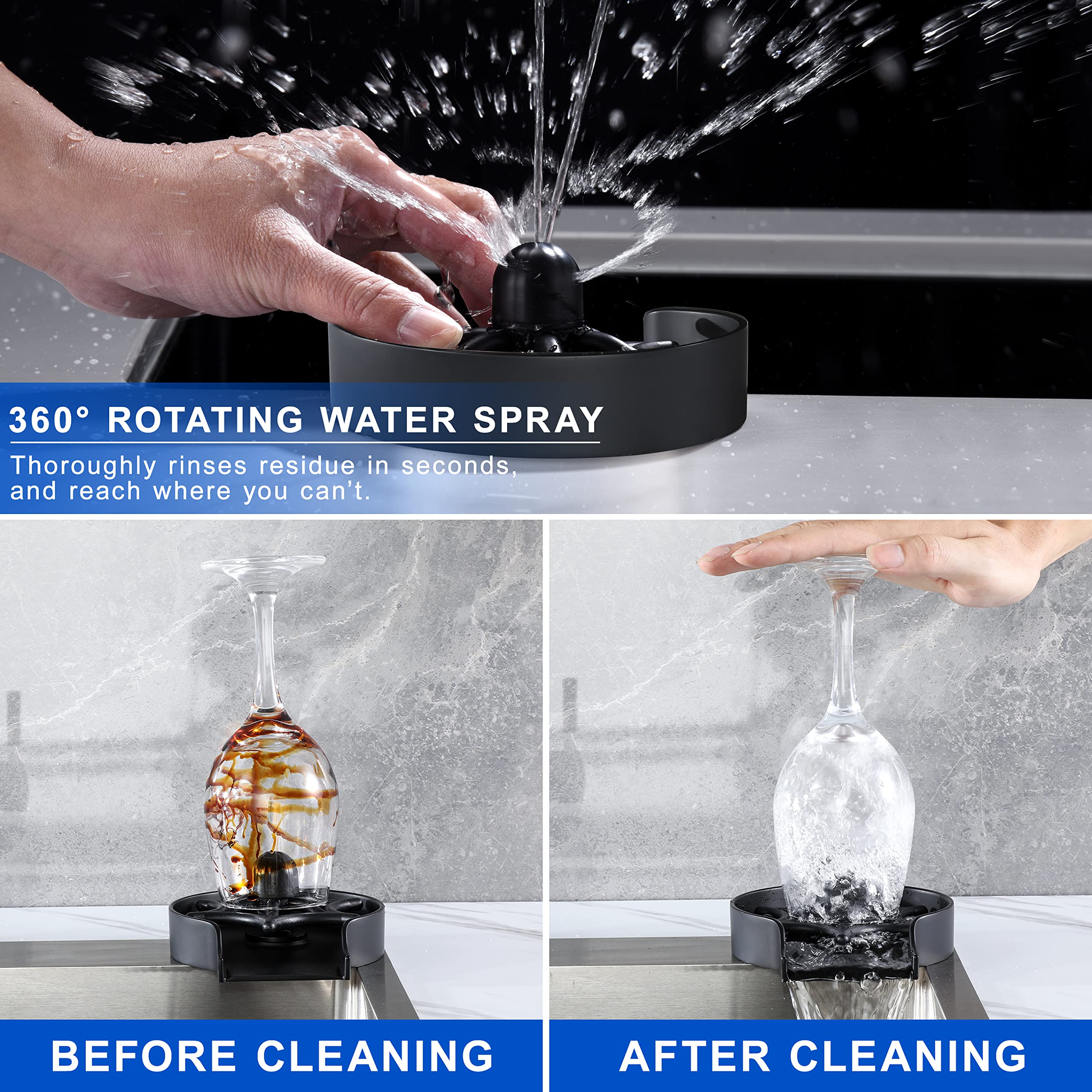 2025 Newest 360° Rotating Metal Glass Rinser for Kitchen Sink - Matte Black Faucet Cup Cleaner, Bottle Washer with Durable Stainless Steel Design - Perfect for Bar, Restaurant & Home Kitchen Cleaning