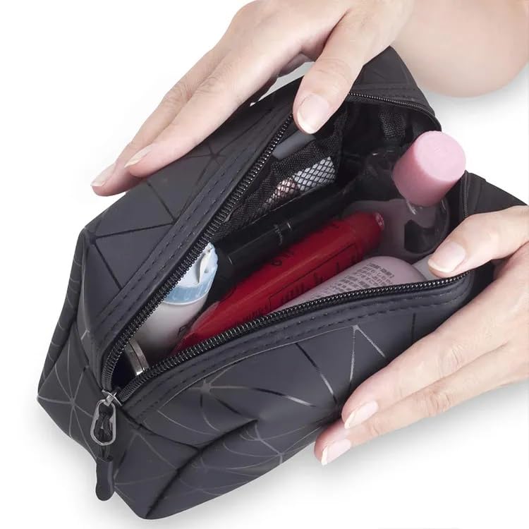 WANQLYN Designer Cosmetic Bag - Waterproof PU Leather Makeup Pouch with Zipper, Geometric Toiletry Storage Organizer for Women & Girls (Black) | Perfect for Travel, Gym, Daily Essentials & Gift Giving