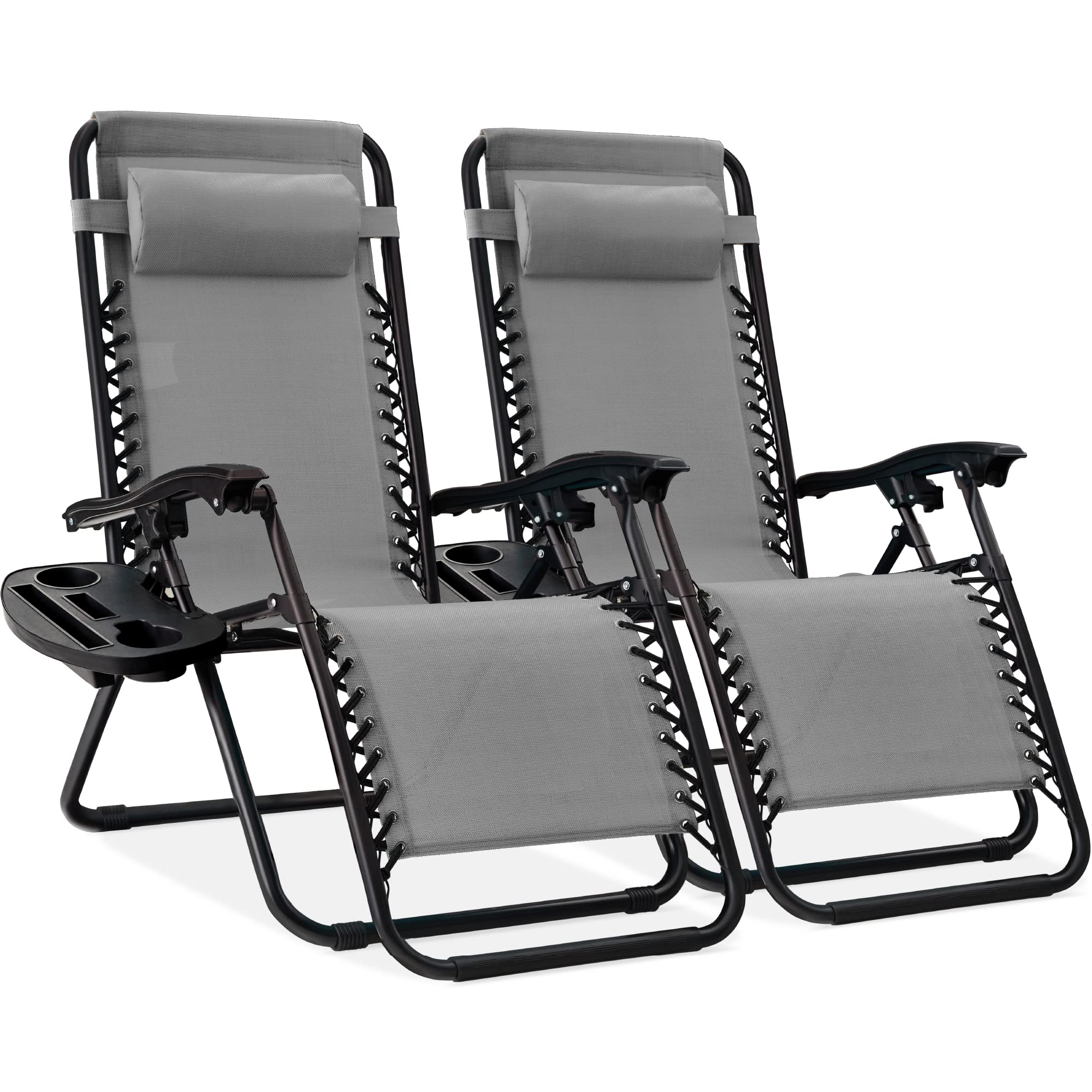Best Choice Products Set of 2 Adjustable Steel Mesh Zero Gravity Lounge Chair Recliners with Pillows and Cup Holder Trays - Ice Gray | Patio, Poolside & Backyard Relaxation Outdoor Furniture