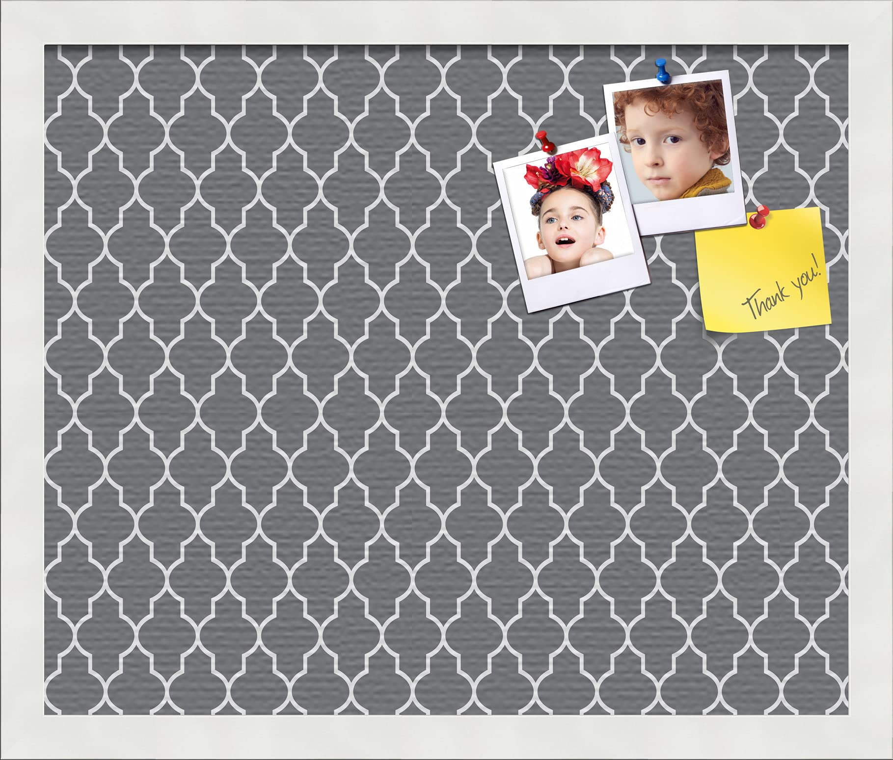 PinPix 18x15 Inch Custom Cork Bulletin Board - Quatrefoil Dark Grey Fabric Photo Board with Satin White Frame | Perfect for Office, Classroom, or Home Decor (PinPix-583)