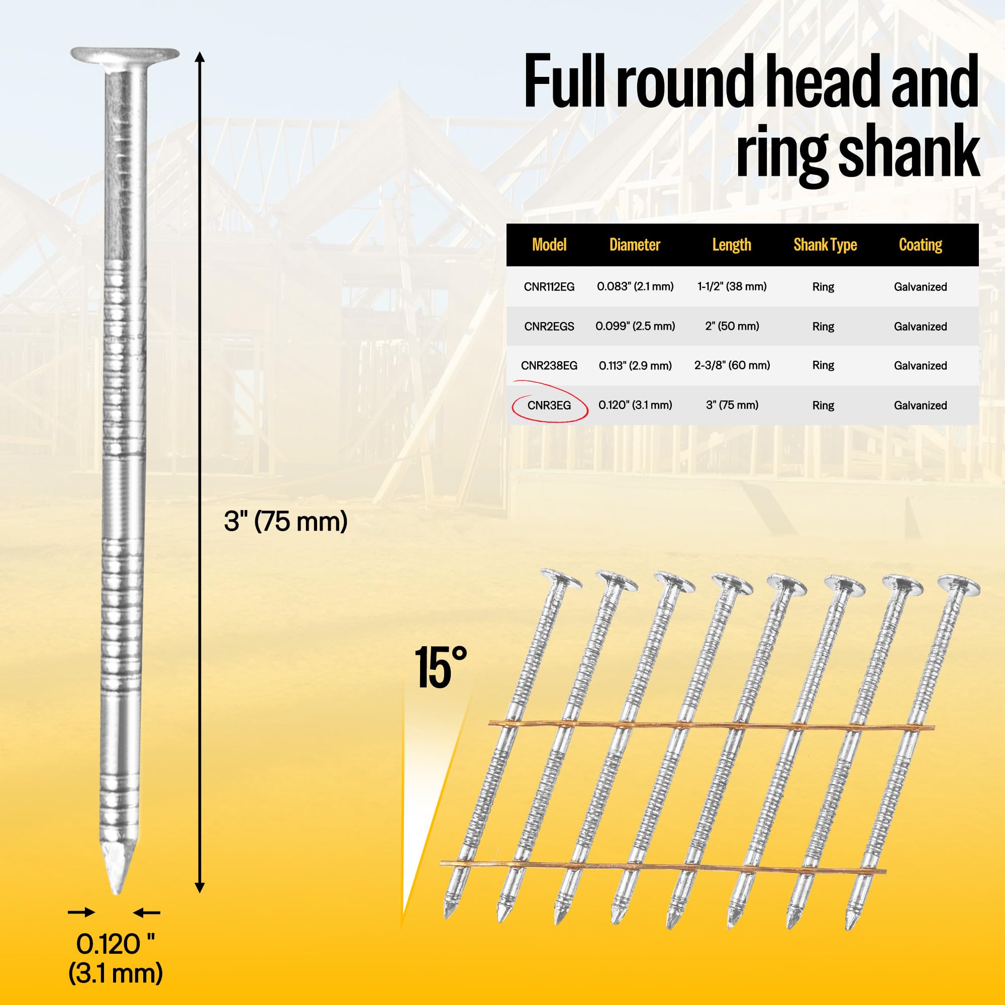 Meite 3-Inch Coil Siding Nails - Ring Shank Electro-Galvanized Coil Nails 3