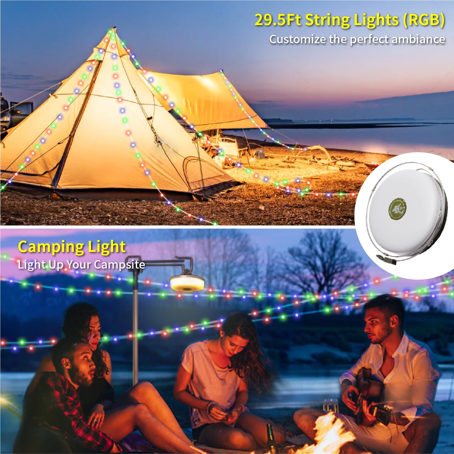 HAMLITE 3-in-1 Rechargeable Camping String Lights - 29.5Ft RGB Outdoor Fairy Lights with Multiple Modes & Brightness, USB Powered RV Awning Lights for Camping Tent, Camper, Yard, Patio, and Backyard Decor