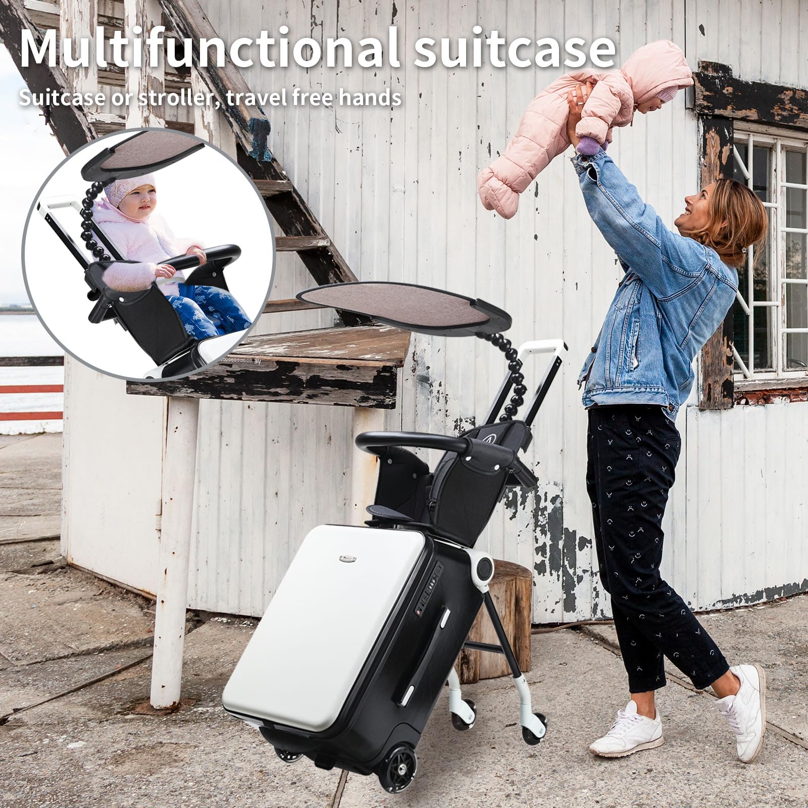 LemoHome 20 Inch Expandable Hardside Spinner Luggage with Child Seat - Lightweight Carry On Suitcase for Women & Men Travel - Black & White Visor Design - Perfect for Family Trips, Business Travel & Airplane Use