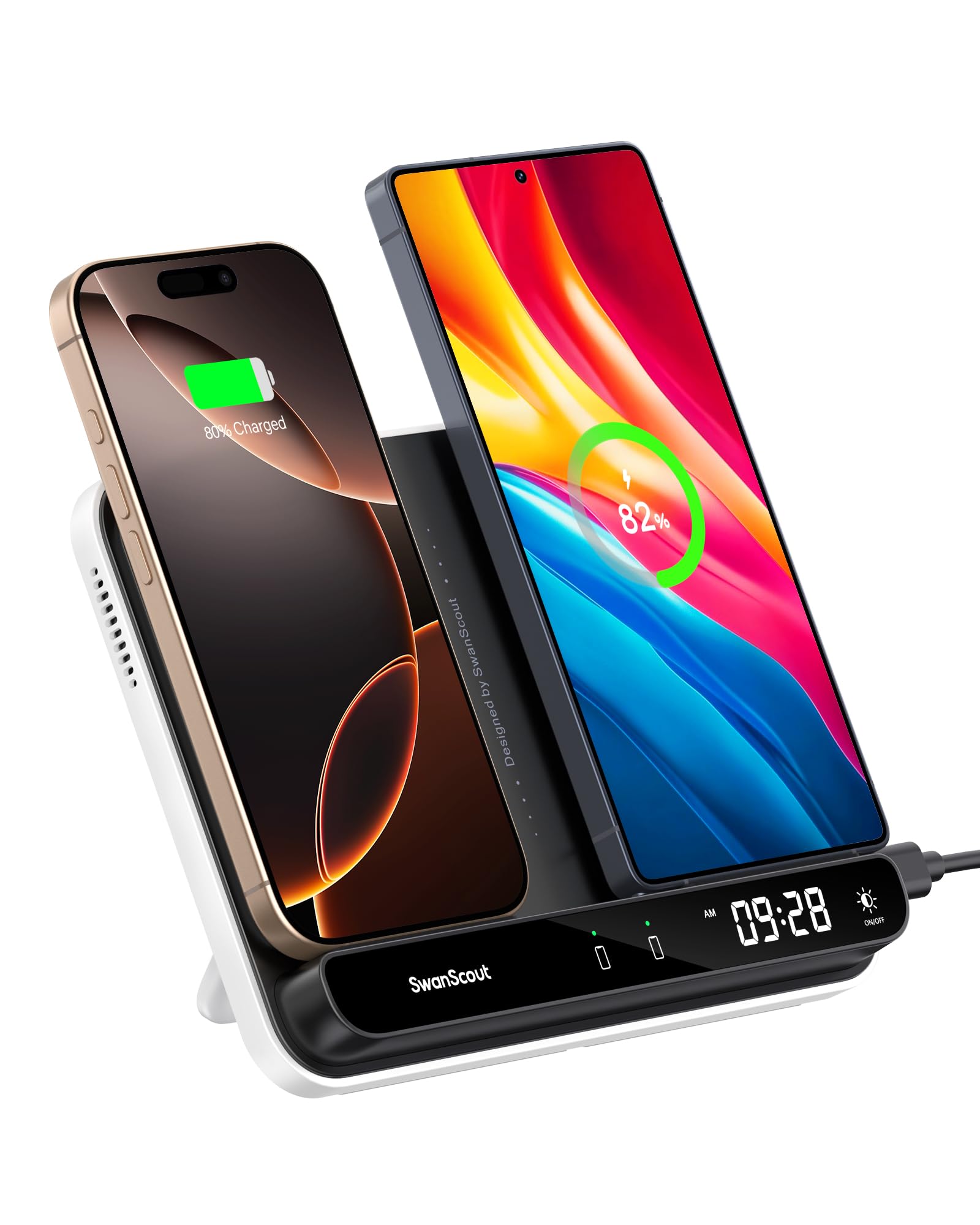 SwanScout 504 Foldable Dual Wireless Charger Stand - Fast Wireless Charging Station for iPhone 16/15/14, Samsung S25/S24/S23, Pixel 9/8/7, AirPods & Galaxy Buds (Includes Adapter) | Perfect for Home, Office & Travel Charging