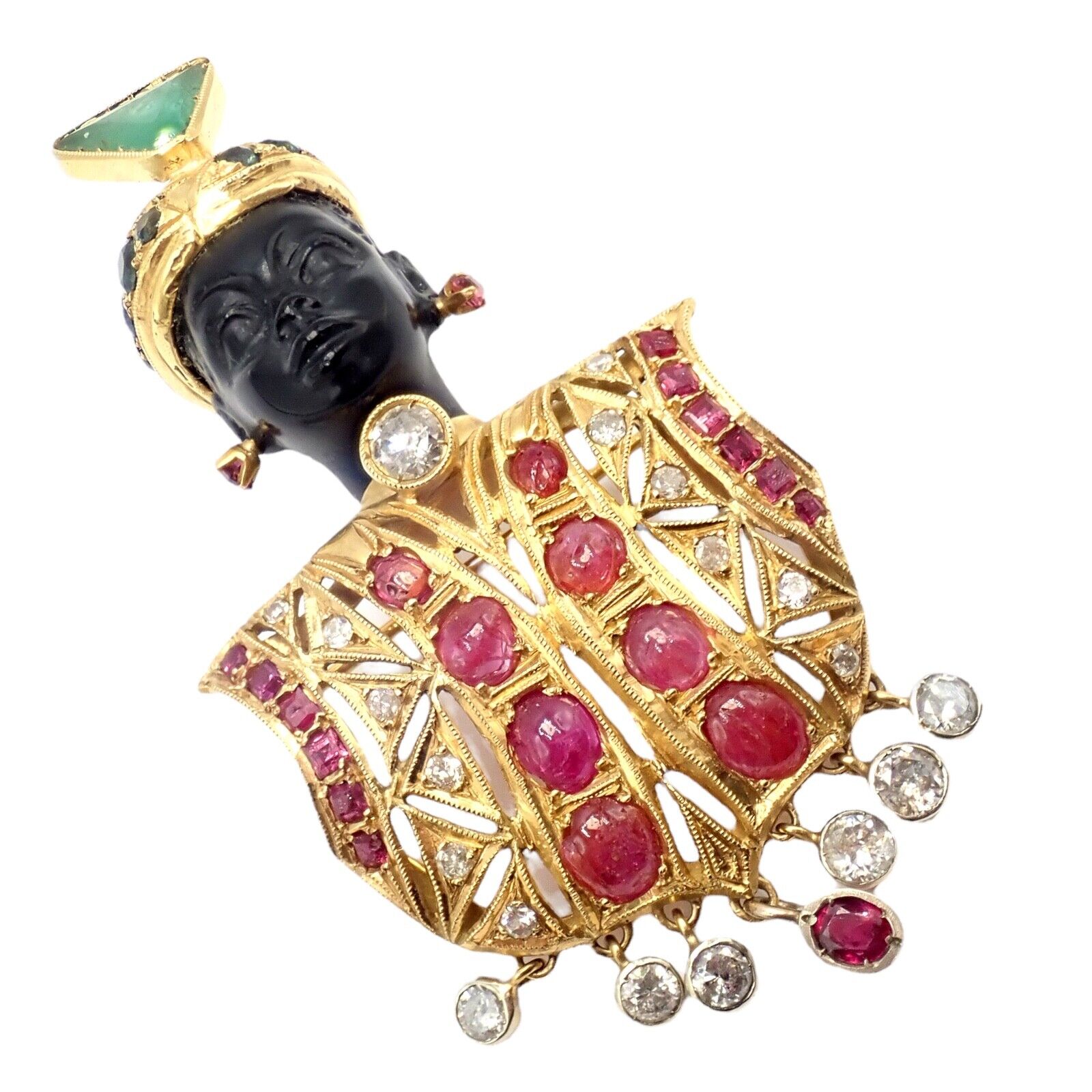 Vintage Ethel Merman Estate 18k Yellow Gold Blackamoor Brooch with Diamonds & Rubies - Luxury Antique Jewelry for Collectors, Special Occasions & Vintage Fashion Enthusiasts