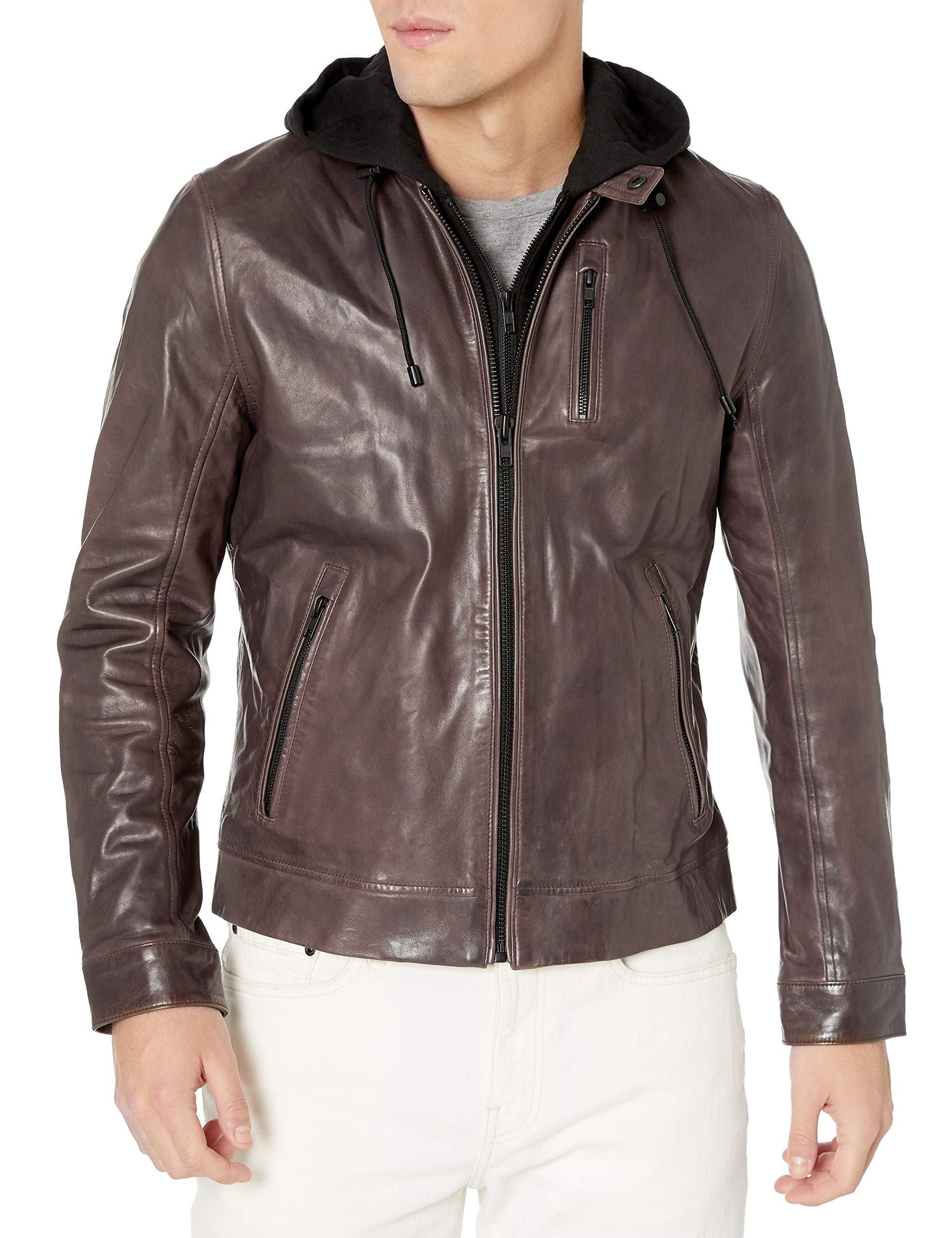 LAMARQUE Men's Slayer Lambskin Leather Moto Jacket with Removable Hood - Stylish Biker Jacket for Motorcycle Riding & Casual Outfits