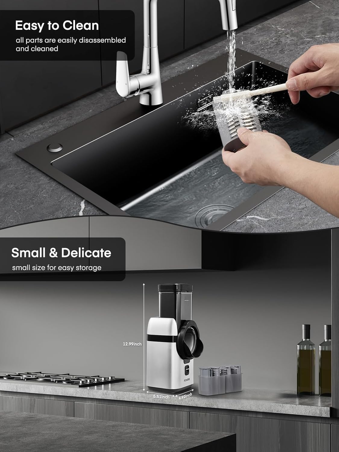 FOHERE Electric Cheese Grater - 5-in-1 Multi-Function Food Processor with Large Feed Chute, Replaceable Blades & Storage Box - Perfect for Shredding Cheese, Vegetables, Potatoes, Nuts & More - Ideal for Kitchen, Cooking, Meal Prep & Party Platters