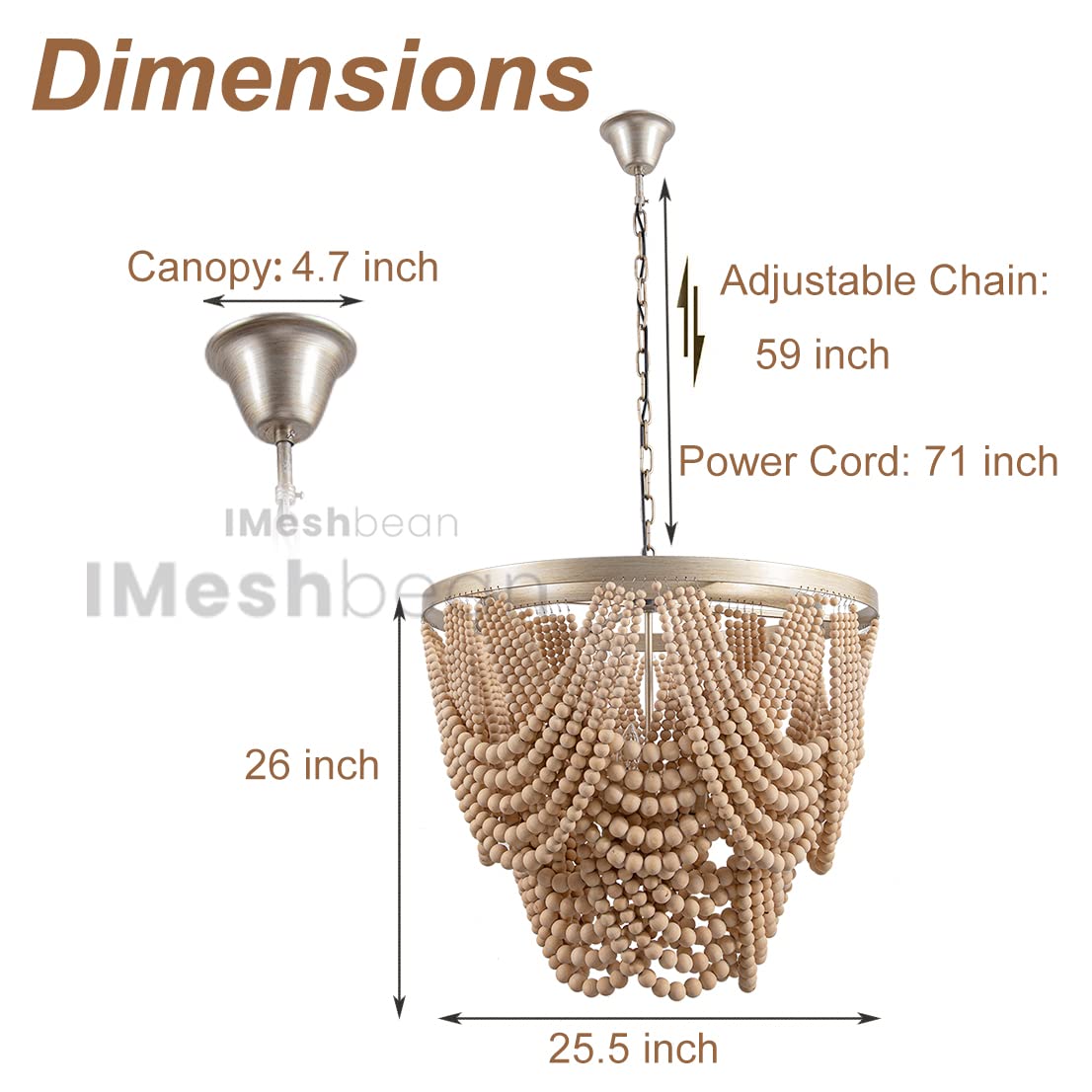 Boho Wood Beaded Chandelier Light Fixture - Handmade Bohemian Farmhouse Ceiling Light with Draped Beads for Living Room, Bedroom & Dining Room Decor