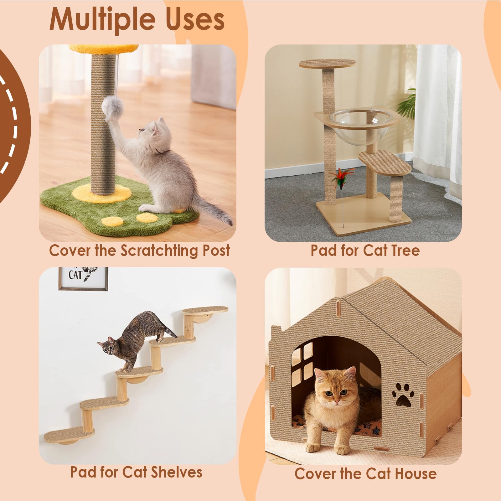 Self-Adhesive Cat Scratch Carpet Mat 78.7x15.7 Inches - Trimmable Furniture Protector for Cats | Replacement for Cat Tree Shelves & Scratching Posts | DIY Wall Mounted Cat Scratcher for Home & Office Use