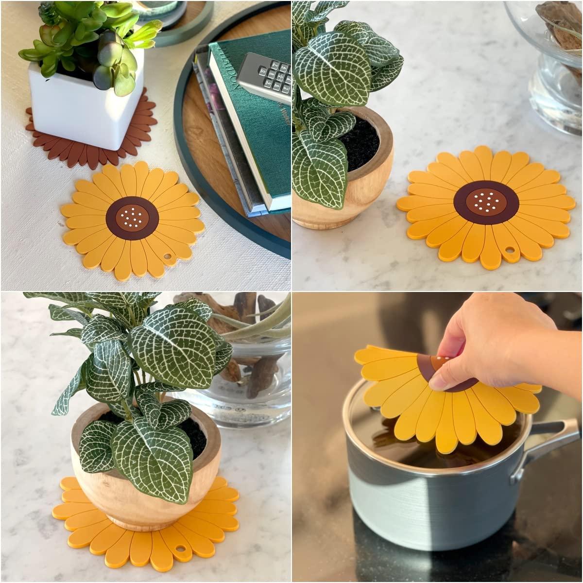 Allydrew Sunflower Coasters & Trivet Mats Set of 2 - Heat Resistant Pot Holders for Hot Cups, Drinks, Pots and Pans - Large Kitchen Table Decor for Dining Room, Coffee Bar & Home Decor