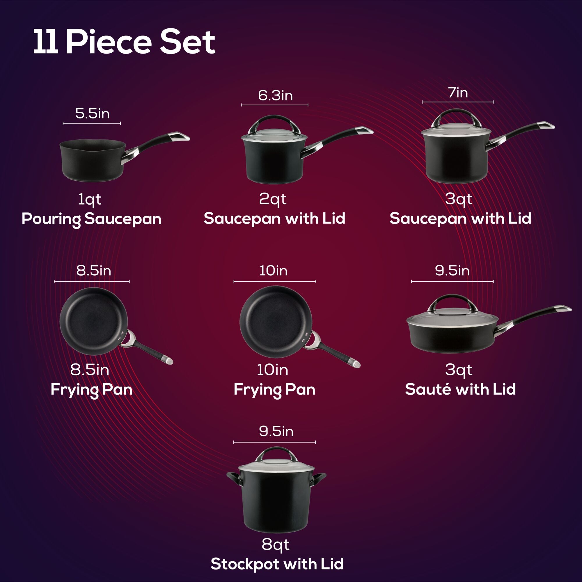 11-Piece Nonstick Hard Anodized Cookware Set - Durable Kitchen Pots and Pans for Frying, Boiling & Sauteing - Perfect for Home Cooking & Professional Chefs