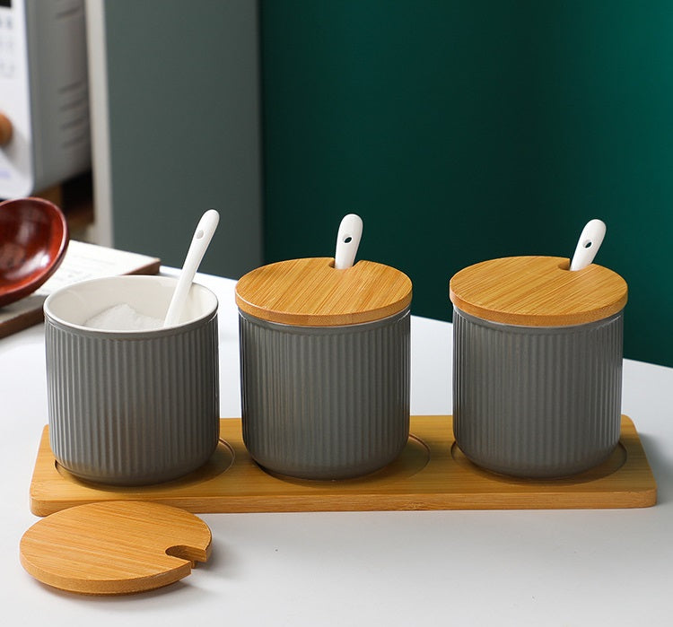 Nordic Style 3-Piece Condiments Pots Set with Wooden Tray - Ceramic Salt & Pepper Shakers, Spice Jars for Kitchen Countertop - Perfect for Dining Table, Coffee Bar, and Home Decor