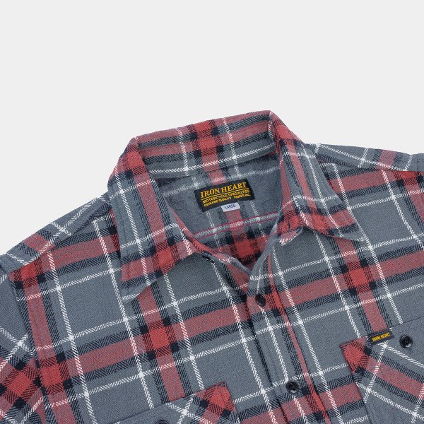 Iron Heart IHSH-375 Heavyweight 12oz Slub Flannel Shirt - Gray Herringbone Check for Men | Durable Workwear & Outdoor Activities