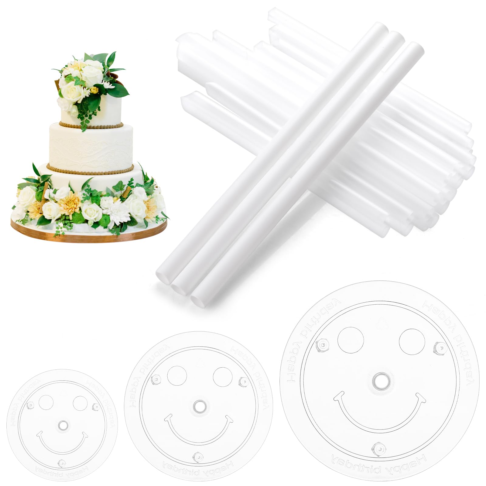 Grevosea 18PCS White Plastic Cake Dowels for Tiered Cakes - Cake Support Rods with 3PCS Cake Boards | Sturdy Cake Stand Sticks for Wedding, Birthday & Special Occasion Cake Stacking