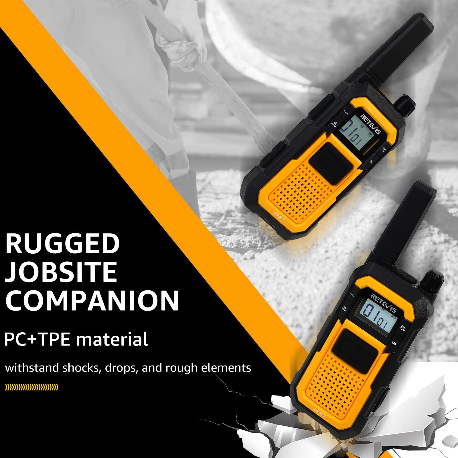 Retevis RB48 Heavy Duty Waterproof Walkie Talkies - 2 Pack Long Range Two Way Radios with 2000mAh Battery, Triple Proof Design for Job Site, Construction, Outdoor Adventures & Emergency Communication (Yellow)