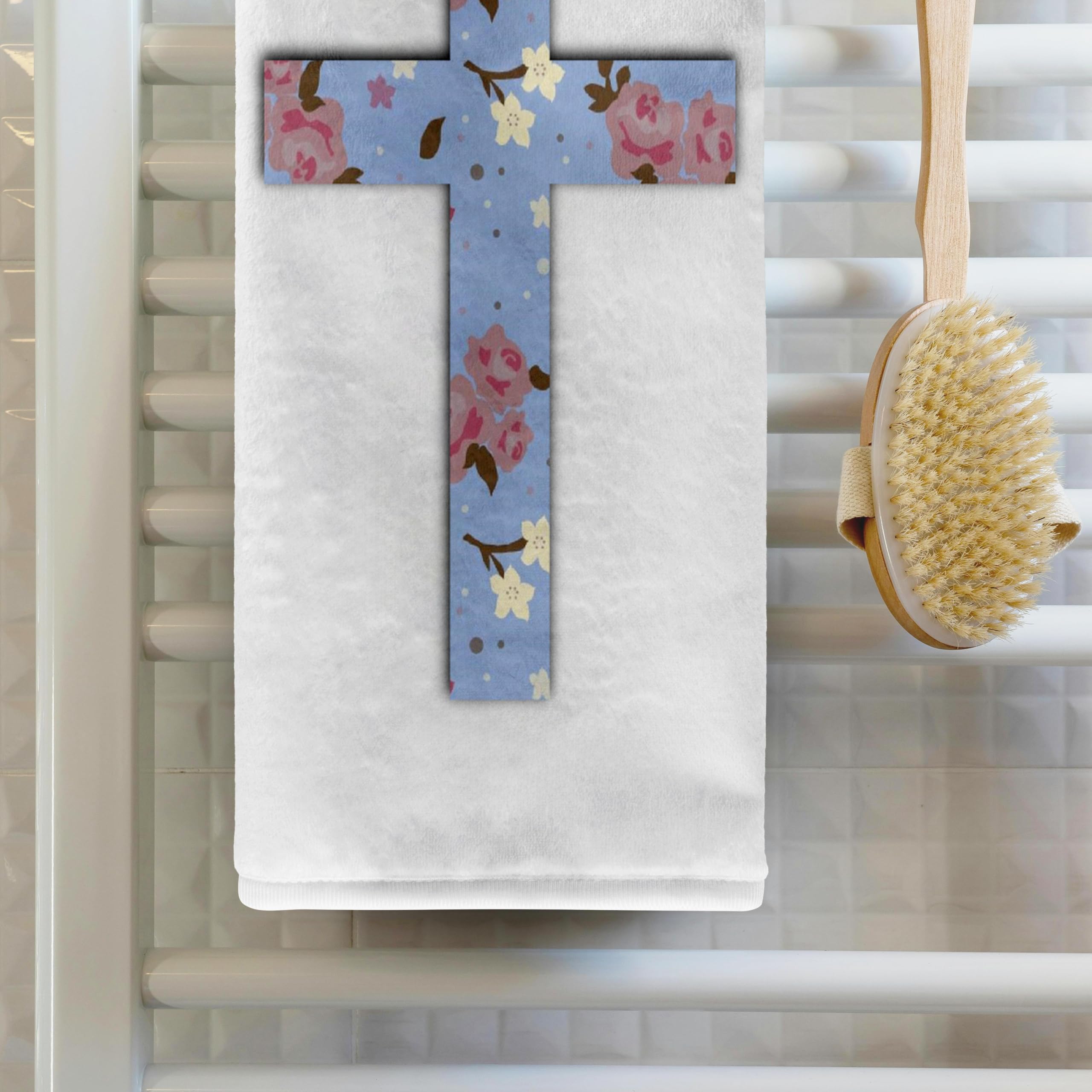 3D Rose Blue Floral Christian Cross with Girly Pink Rose Flower Pattern - 15