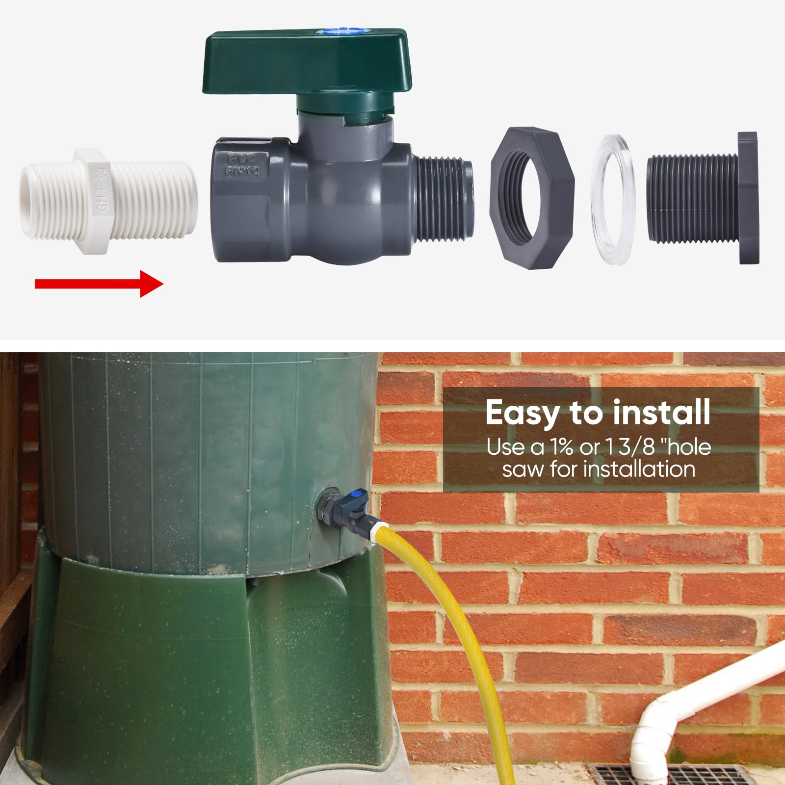 Rain Barrel Spigot Kit - 2 Pack PVC Water Barrel Diverter with Bulkhead Fitting, Hose Faucet Adapter & Thread Seal Tape | For Water Tanks, Aquariums, Tubs, Pools & Garden Barrels | Outdoor Water Conservation & Rainwater Harvesting System