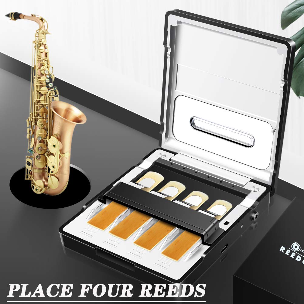 **Saxophone & Clarinet Reed Storage Case with UV-C Light - Multi-Instrument ReedCure Holder for All Sax & Clarinet Reeds - Cleaning & Maintenance Accessories (Black) - Perfect for Musicians, Students & Performers**