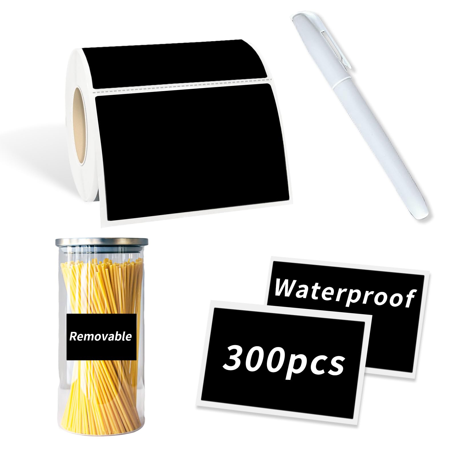 Starboling Chalkboard Labels 300 Pcs - 2.4x1.6 Inch Reusable Square Chalk Stickers with White Chalk Marker | Waterproof Blackboard Stickers for Jars, Bottles, Storage Bins & Kitchen Organization | Perfect for Pantry, Spice Jars, and Home Labeling Needs