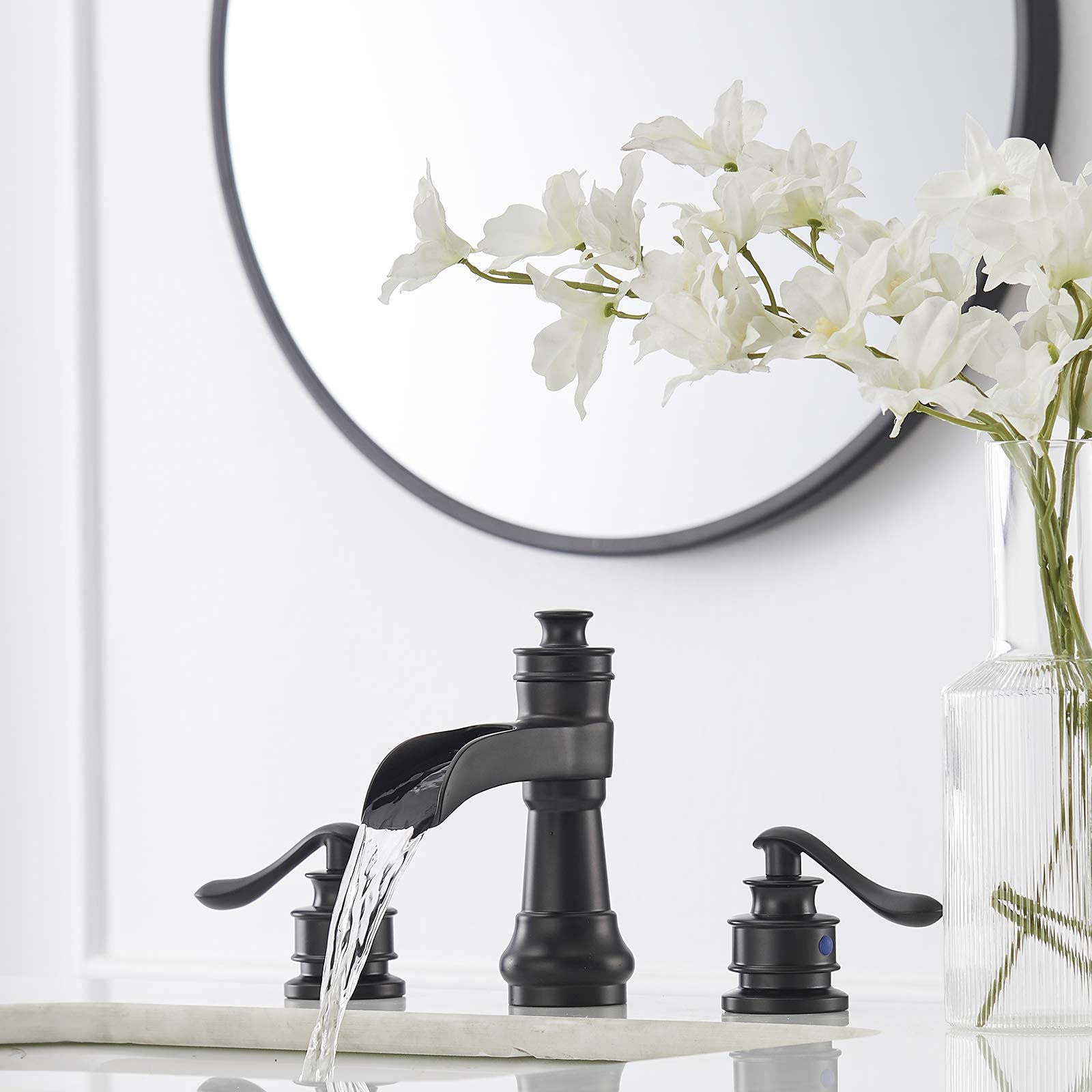 Black Bathroom Sink Faucet Waterfall Single Hole & Kitchen Faucet with Pull Down Sprayer - 3 Mode Outlet for Modern Home Renovation | Perfect for Bathroom Vanity, Kitchen Sink, and Commercial Use