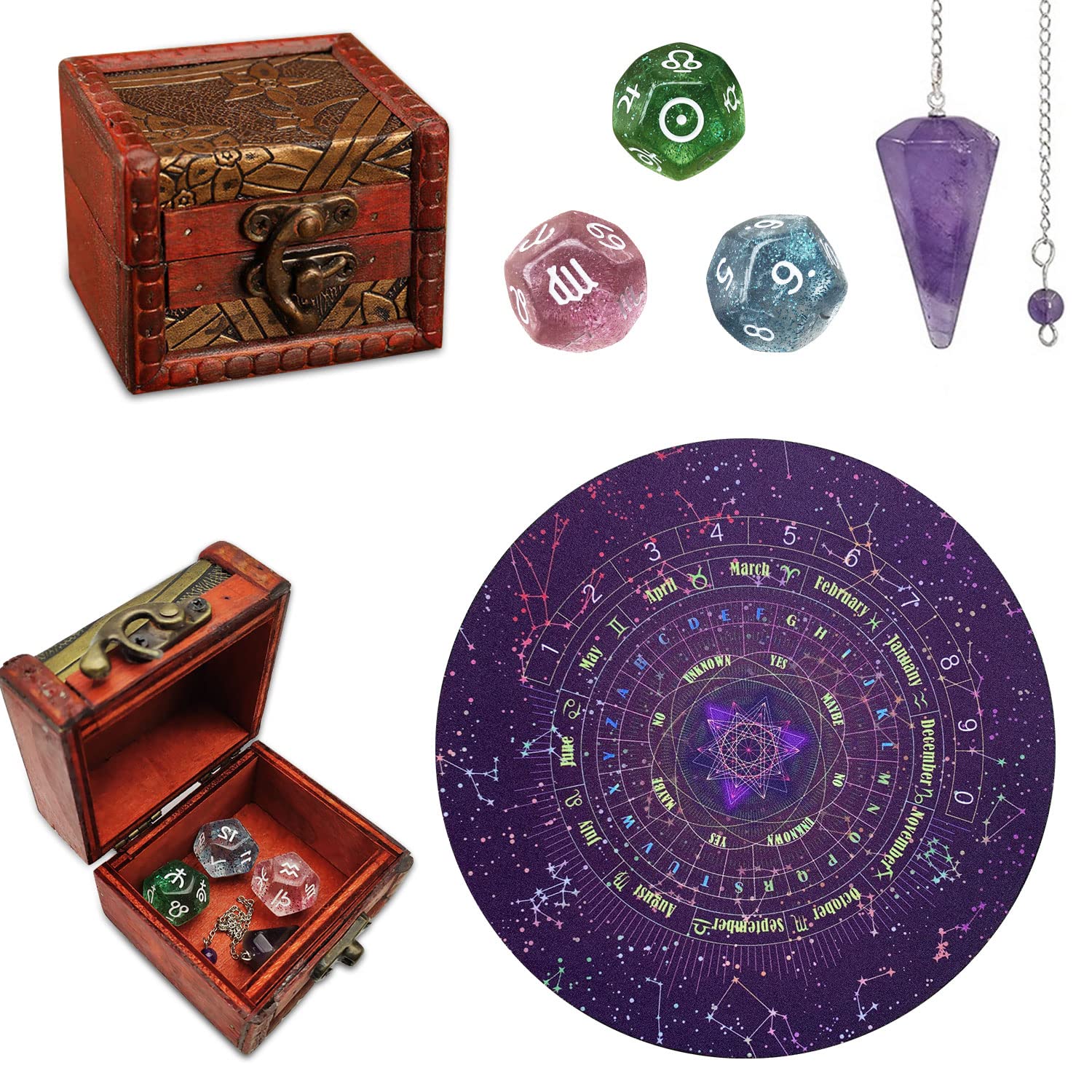Knana 6-Piece Pendulum Board Set for Divination & Dowsing - Includes Crystal Pendulum, Tarot Dice, Astrology Dice with Storage Box - Perfect Wiccan Supplies & Tools for Beginners (Ideal for Tarot Reading, Spiritual Guidance & Energy Work)