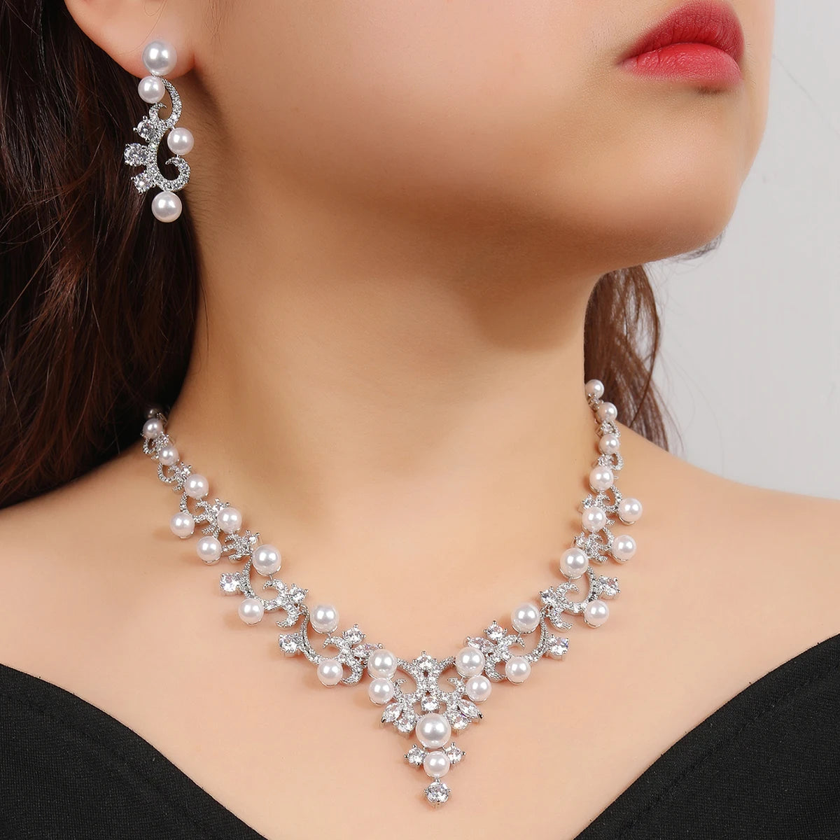 Luxury Cubic Zirconia Pearl Necklace for Women - Elegant CZ Bridal Jewelry Set with Matching Earrings - Perfect Wedding, Bridesmaid Gift & Special Occasion Jewelry (CN10370) - Ideal for Weddings, Anniversaries, Prom and Formal Events