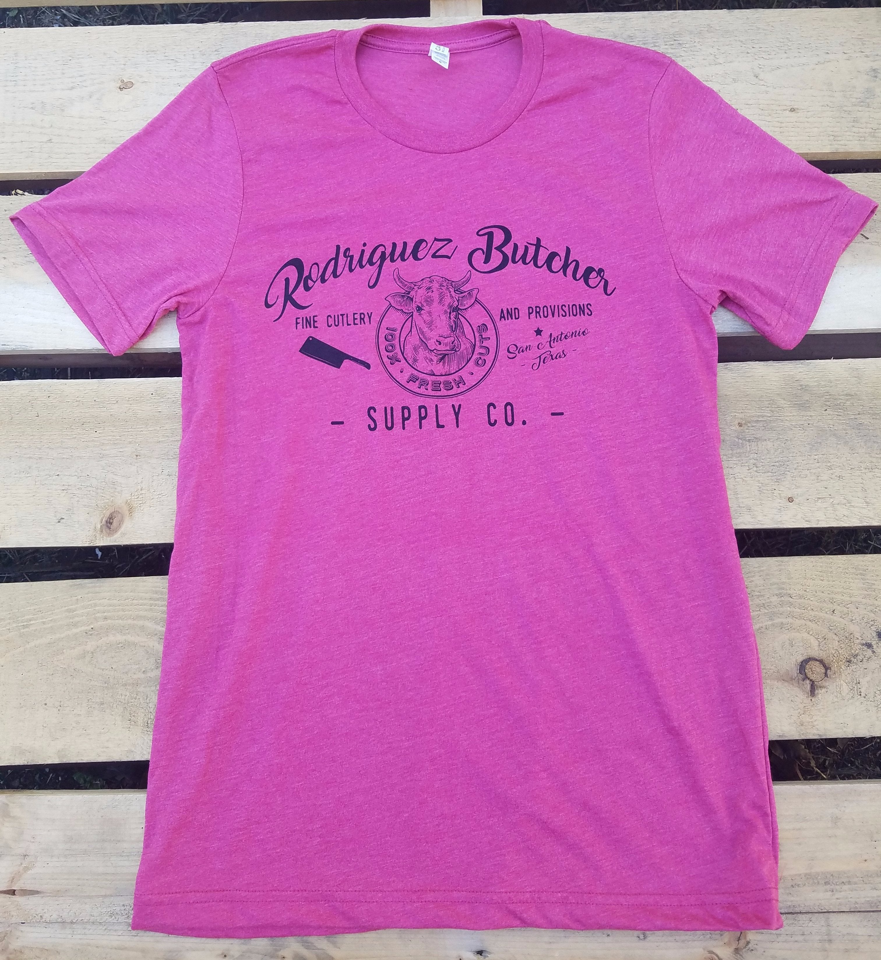 Rodriguez Butcher Supply Premium Cotton T-Shirt for Men & Women - Heather Raspberry Color - Comfortable Workwear for Butchers, Chefs & Food Service Professionals