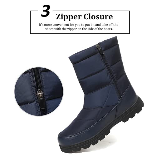 Unisex Waterproof Winter Snow Boots for Men & Women - Mid Calf Water-Resistant Zip Up Boots with Warm Fur Lining - Outdoor Hiking, Snowshoeing & Cold Weather Activities (Blue)