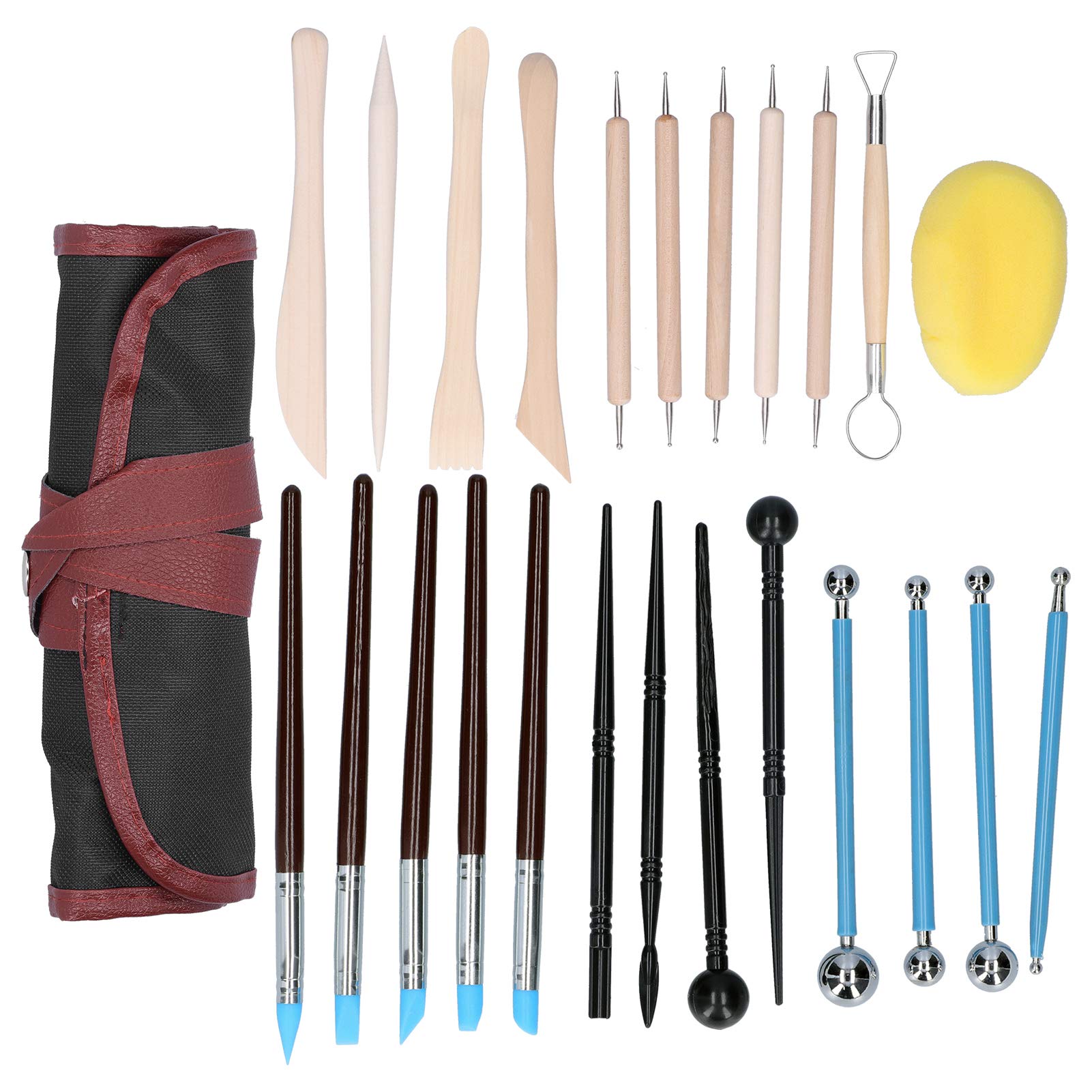 24Pcs Pottery Tool Kit with Canvas Roll-Up Bag - Professional Ceramic Clay Sculpting, Carving, Modeling & Trimming Tools Set for Artists & Beginners - Perfect for Pottery Making, Clay Art Projects & DIY Crafts