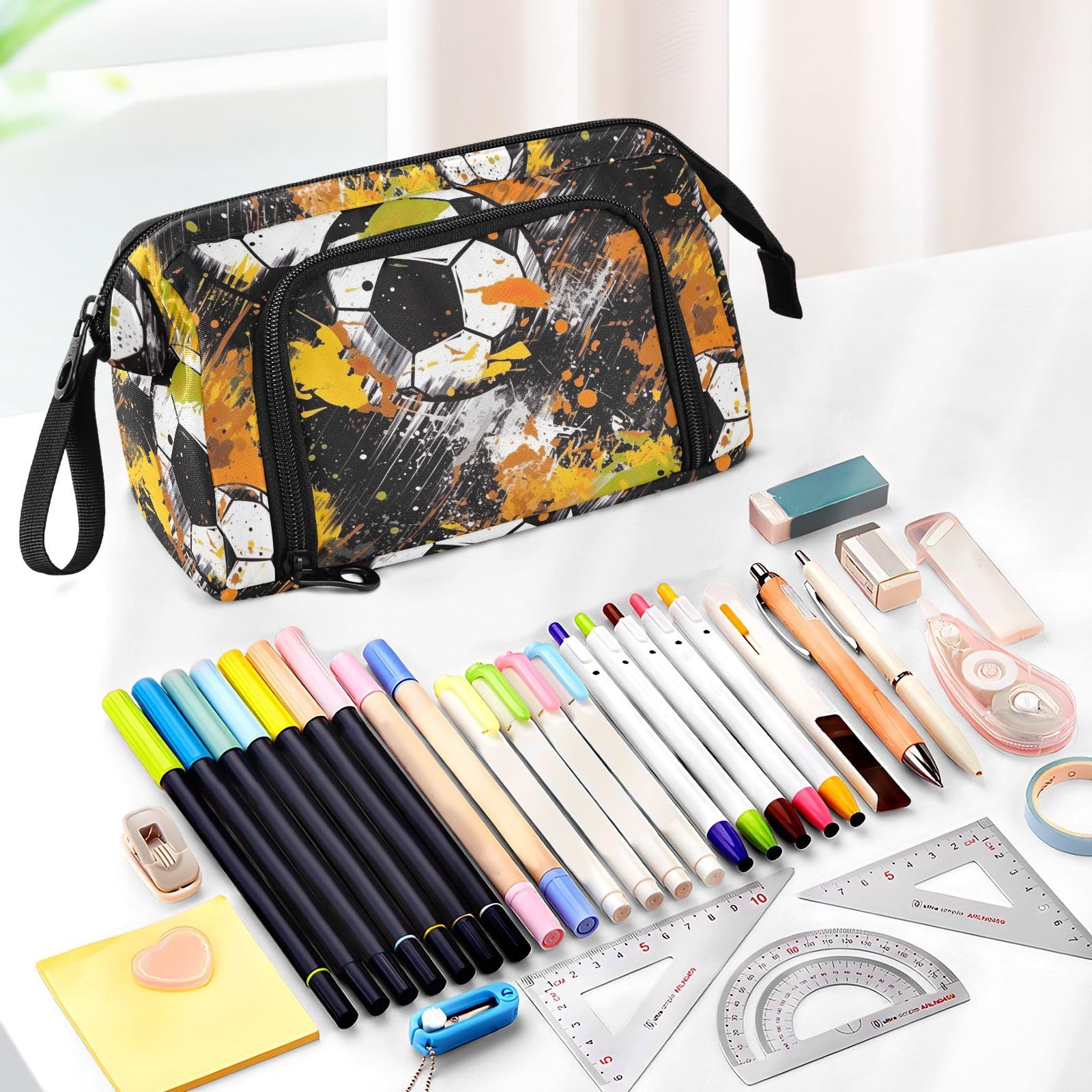 **Orange Soccer Football Design Large Capacity Pencil Case - Portable Zippered Pen Pouch Organizer for School, Teens, Boys & Girls - Aesthetic Stationery Bag for Students, Office & Travel**