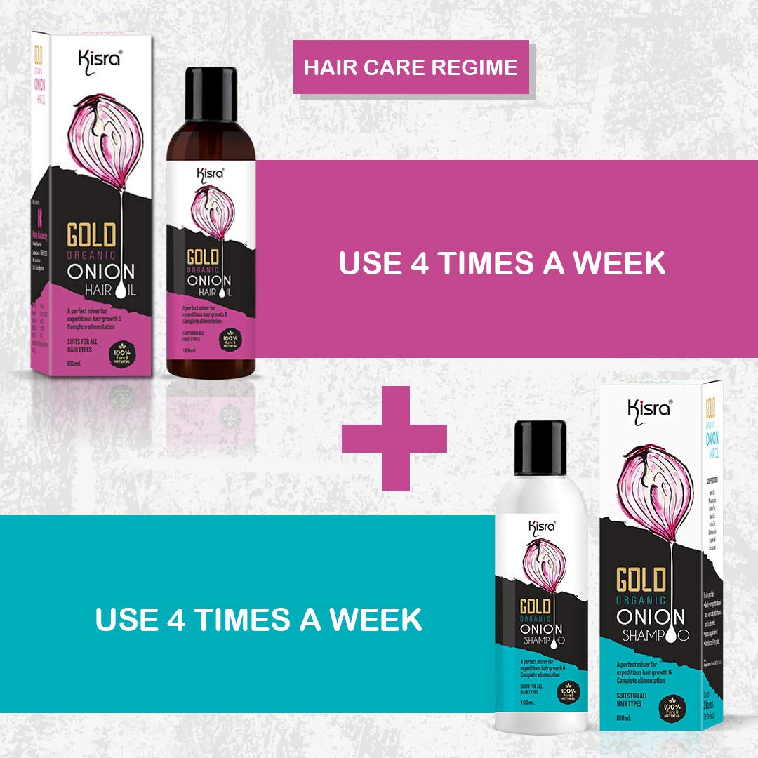 Kisra Gold Organic Onion Hair Oil & Shampoo Set - 100ml Hair Growth Treatment with 2x100ml Shampoo for Damaged Hair - Ultimate Hair Care Kit for Dry, Frizzy Hair & Scalp Nourishment - Perfect for Daily Use & Hair Repair Routine