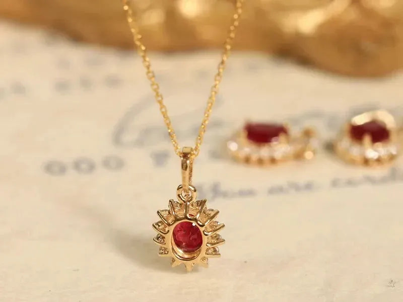 18K Yellow Gold Pendant with Natural Ruby & Diamond Necklace for Women | Elegant Wedding, Engagement & Party Jewelry | Perfect for Anniversary Gifts, Valentine's Day & Special Occasions