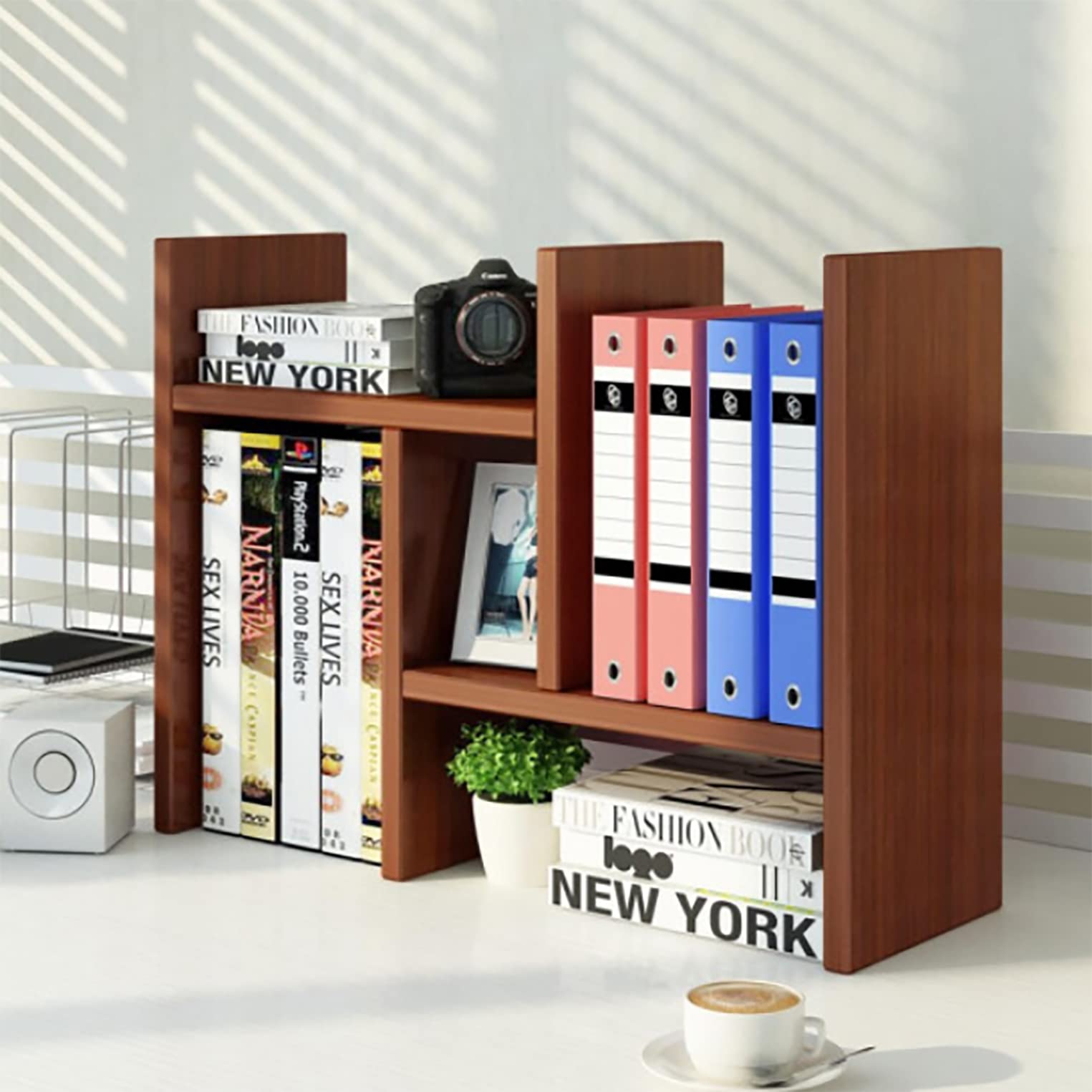 Adjustable Wooden Desktop Bookshelf Organizer - Office Desk Storage Rack, Book Display Shelf for Home & Office - Perfect for Books, Decor, and Office Supplies Organization (Natural Finish)