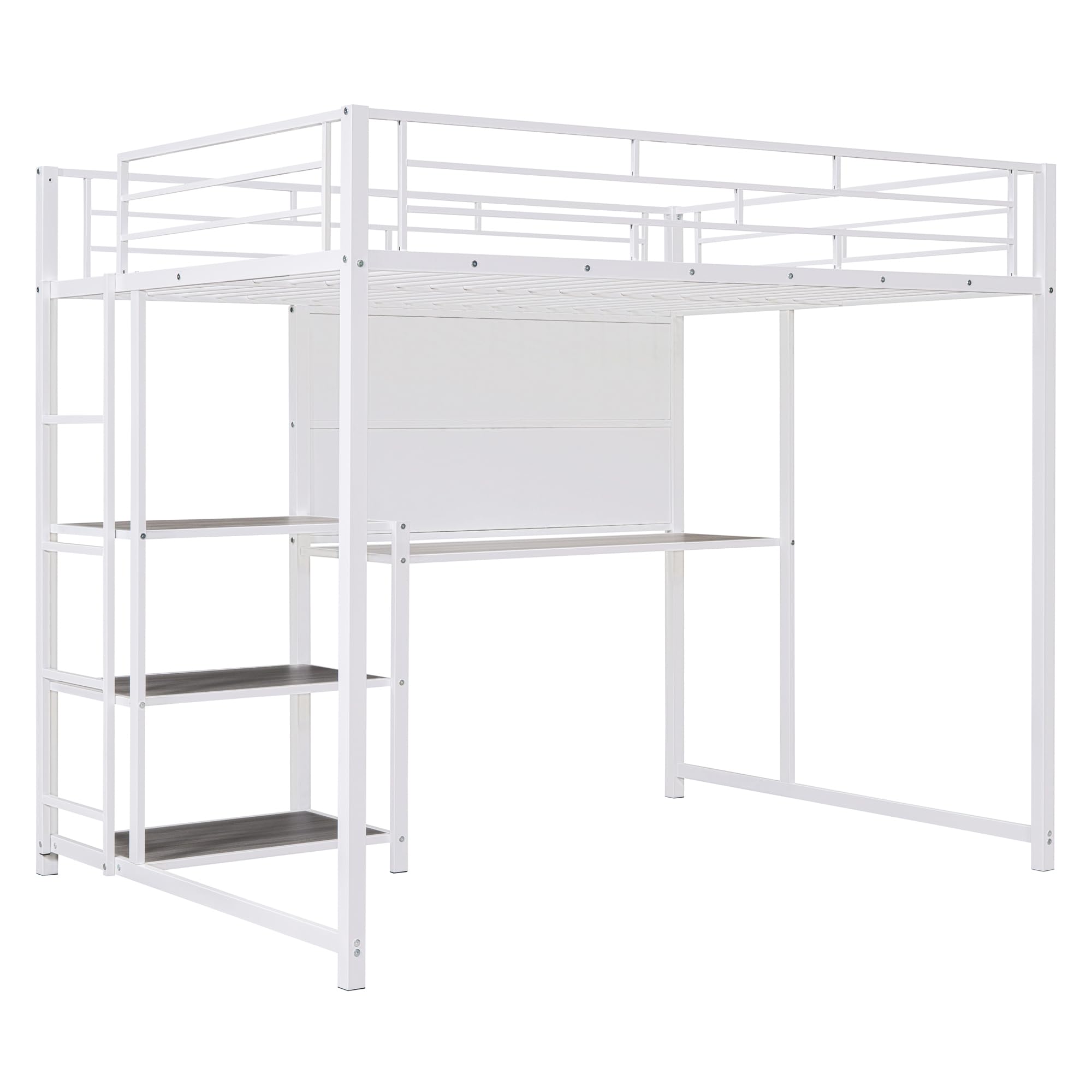 Full Size Loft Bed with Study Desk & Storage - Sturdy Metal Frame, Built-in Whiteboard & Ladder - Space-Saving Solution for Small Rooms, Dorms & Apartments (White)